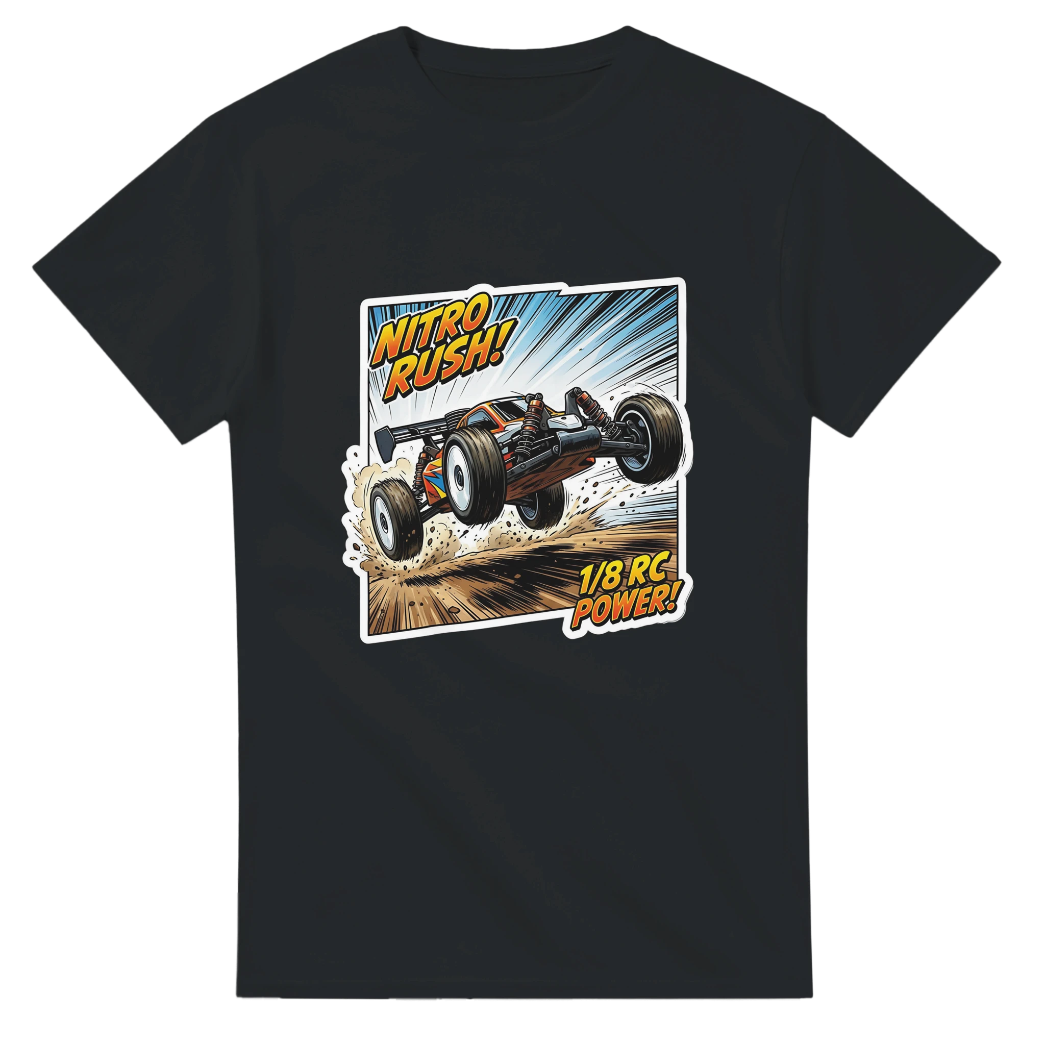 Nitro Rush 1/8 RC Buggy T-Shirt – T-Shirt Produktfoto, Vorderseite auf schwarzem Hintergrund