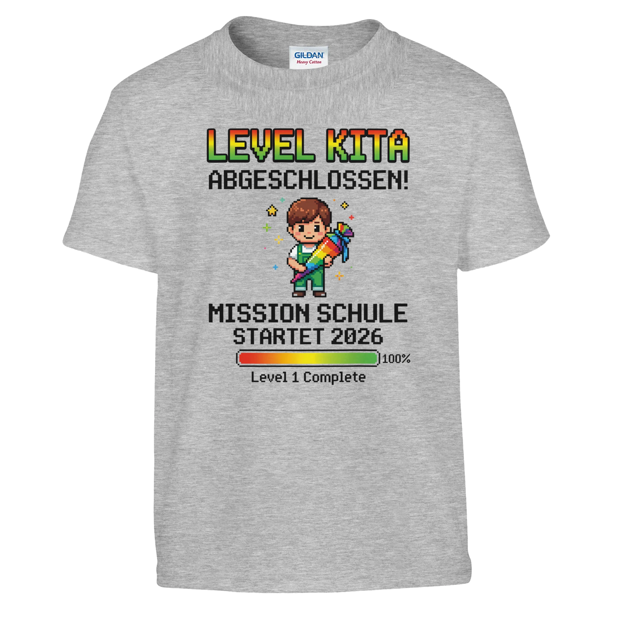 Level Kita Abgeschlossen Gaming Einschulung Shirt – Kinder T-Shirt Weiß Freisteller