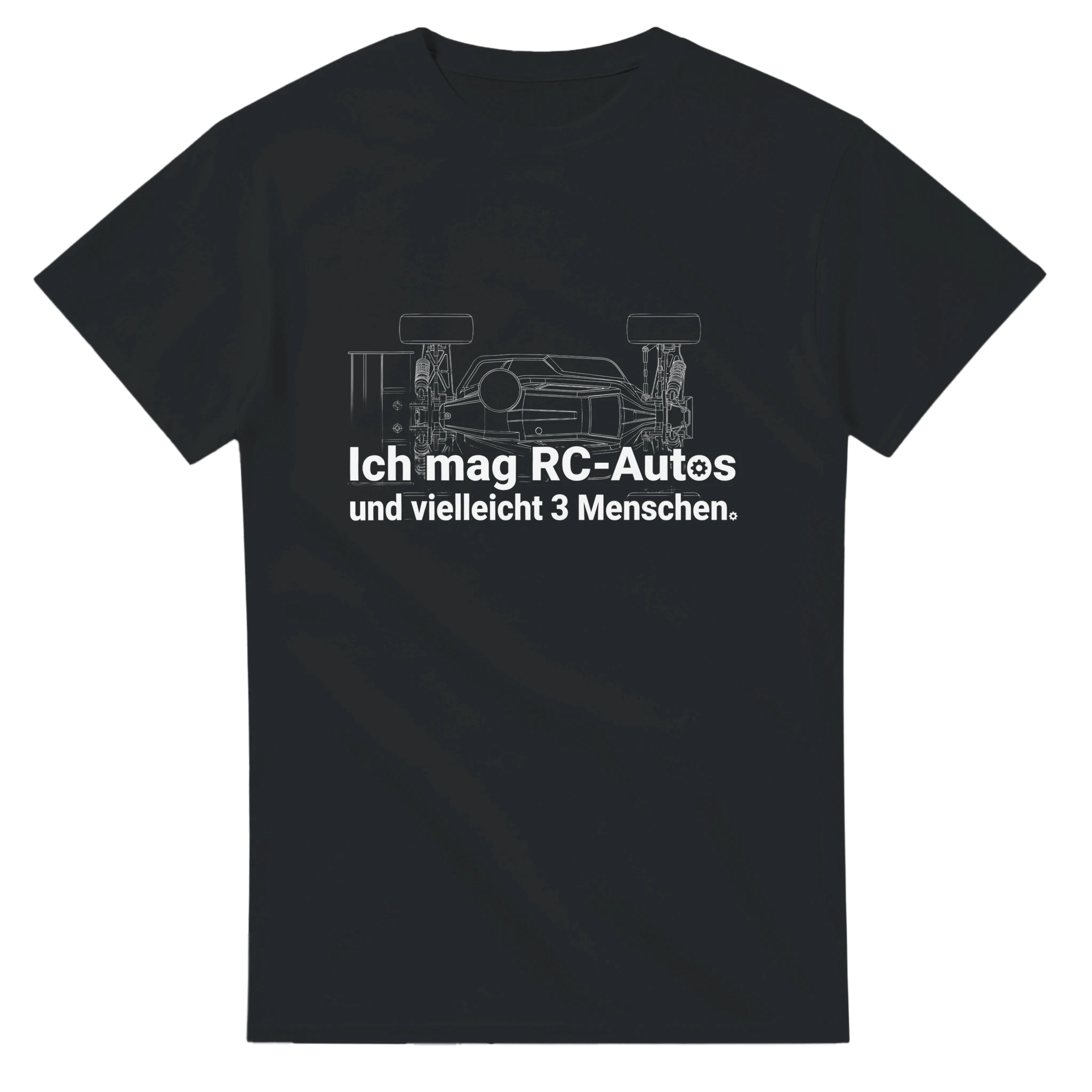 Ich mag RC-Autos und vielleicht 3 Menschen T-Shirt – T-Shirt Produktfoto, Vorderseite auf schwarzem Hintergrund