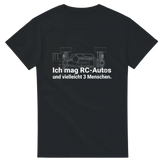 Ich mag RC-Autos und vielleicht 3 Menschen T-Shirt – T-Shirt Produktfoto, Vorderseite auf schwarzem Hintergrund