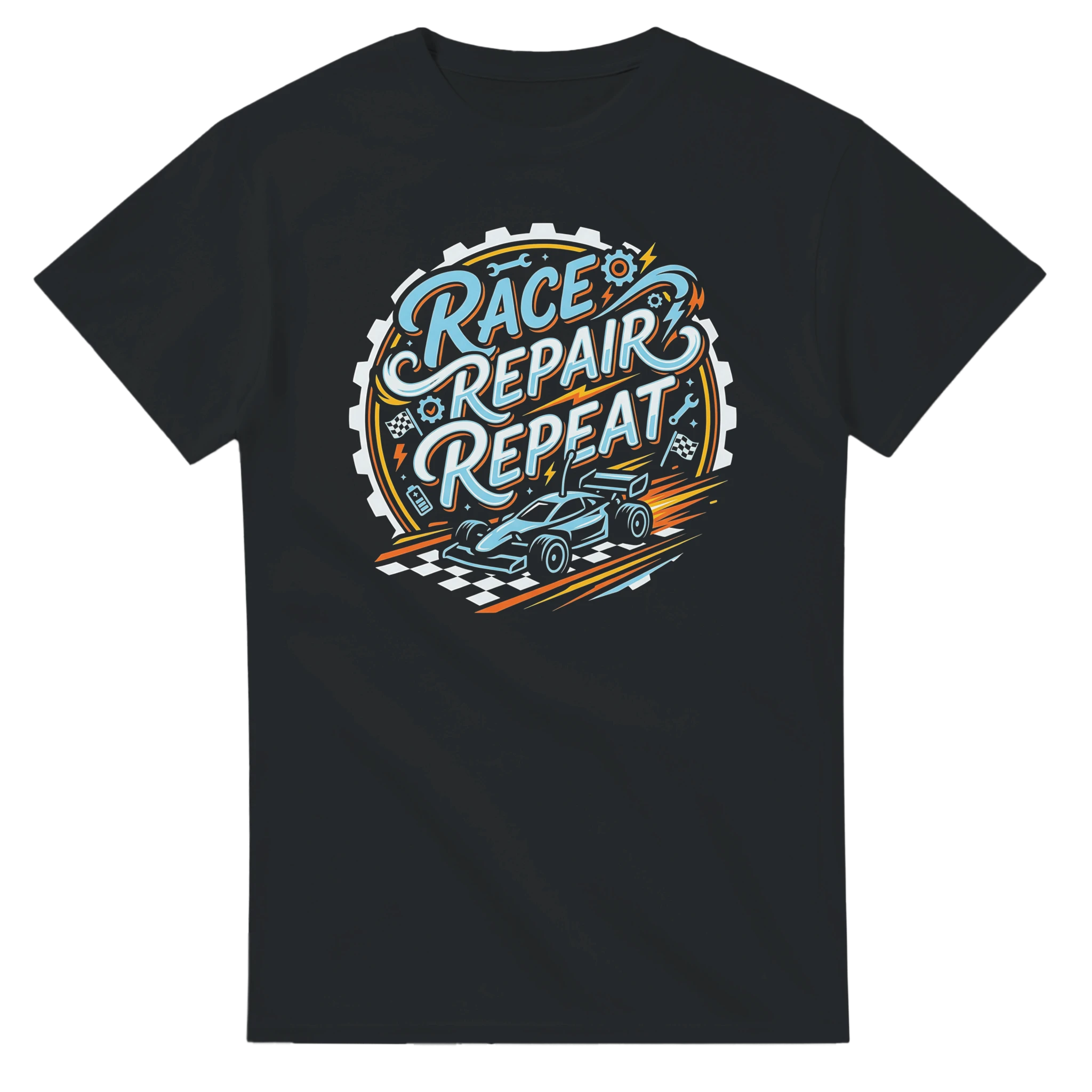 Race Repair Repeat T-Shirt – T-Shirt Produktfoto, Vorderseite auf schwarzem Hintergrund