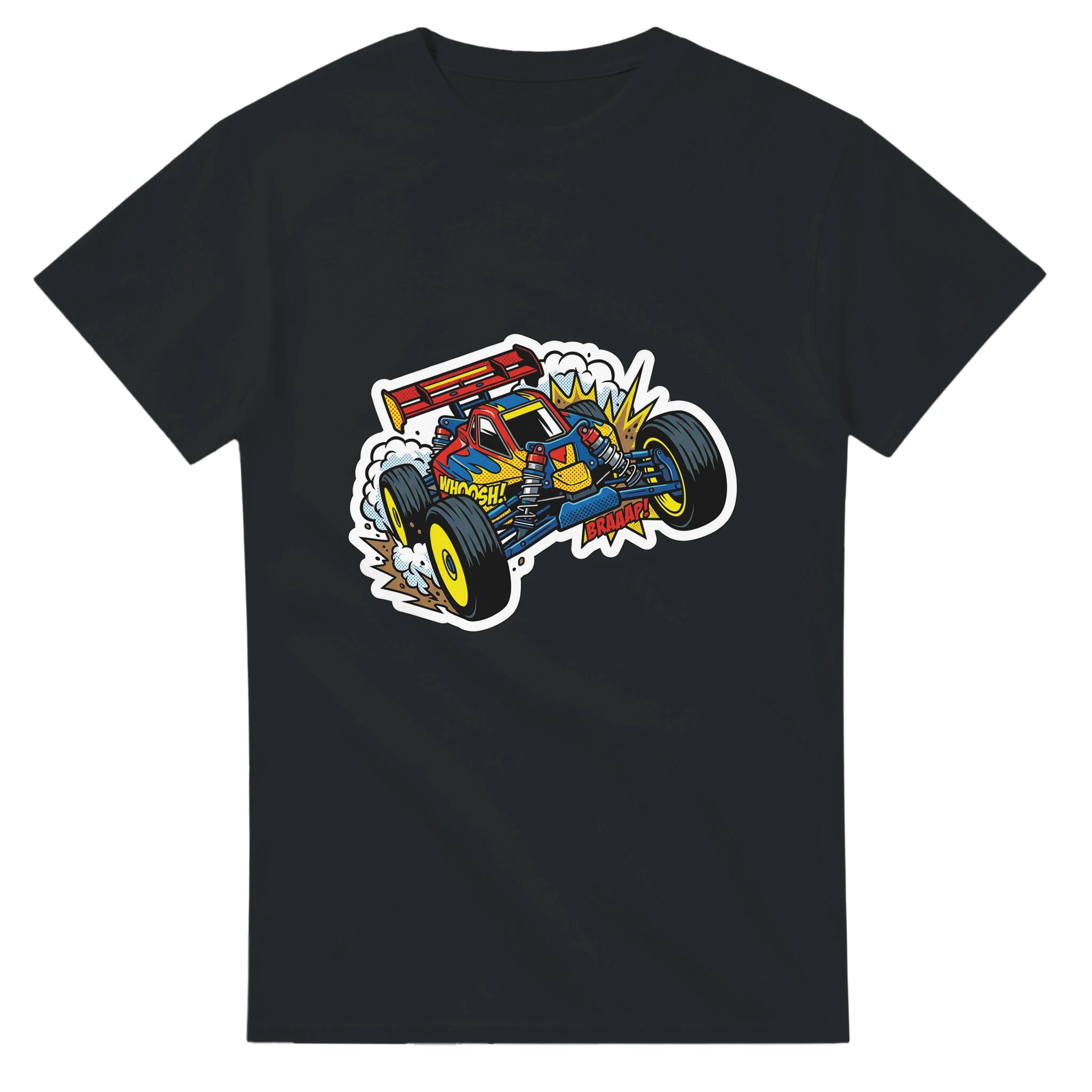 "Braaap!" RC Buggy T-Shirt – T-Shirt Produktfoto, Vorderseite auf schwarzem Hintergrund