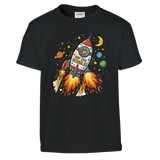 Auf zur Schule Einschulung Shirt Rakete – Kinder T-Shirt Weiß Freisteller