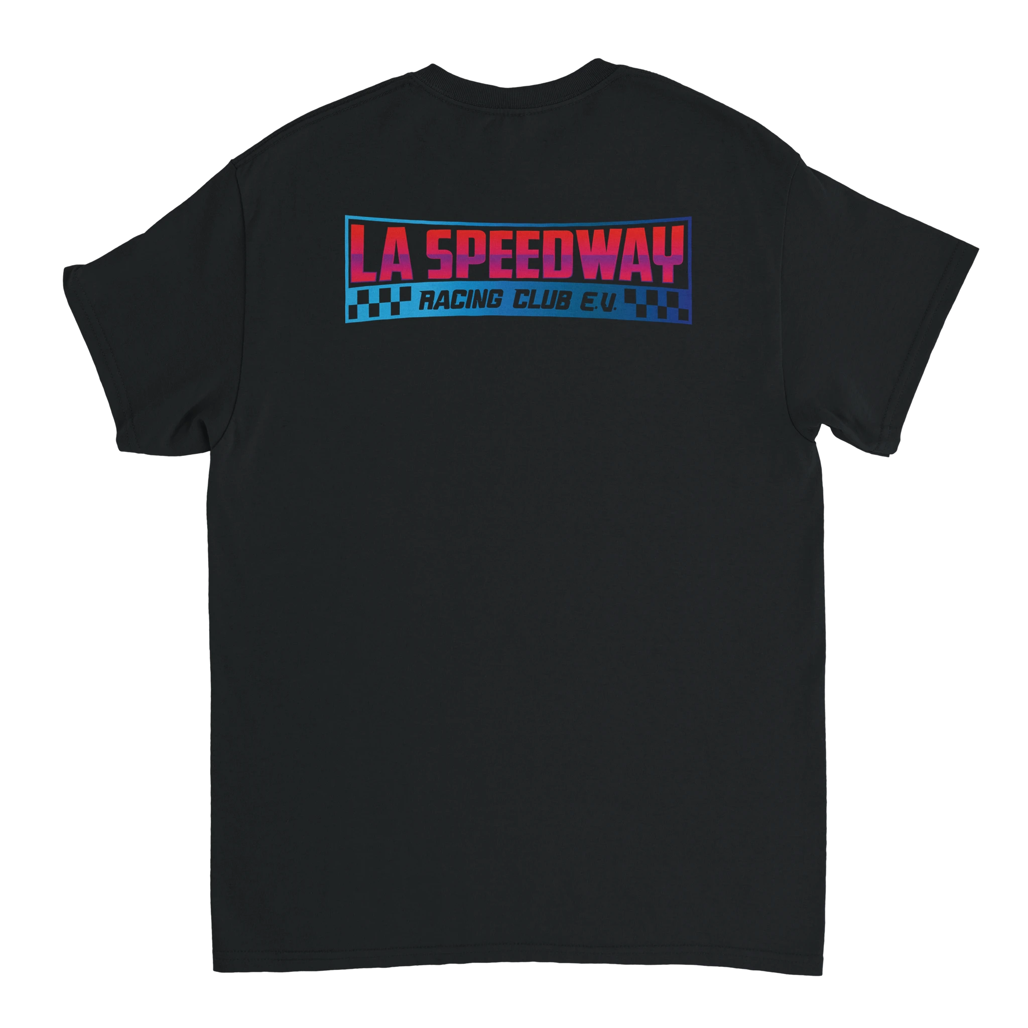 LA Speedway Racing Club T-Shirt – T-Shirt Produktfoto, Vorderansicht auf schwarzem Hintergrund