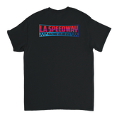 LA Speedway Racing Club T-Shirt – T-Shirt Produktfoto, Vorderansicht auf schwarzem Hintergrund