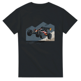 RC Buggy Jumping T-Shirt – T-Shirt Produktfoto, Vorderseite auf schwarzem Hintergrund