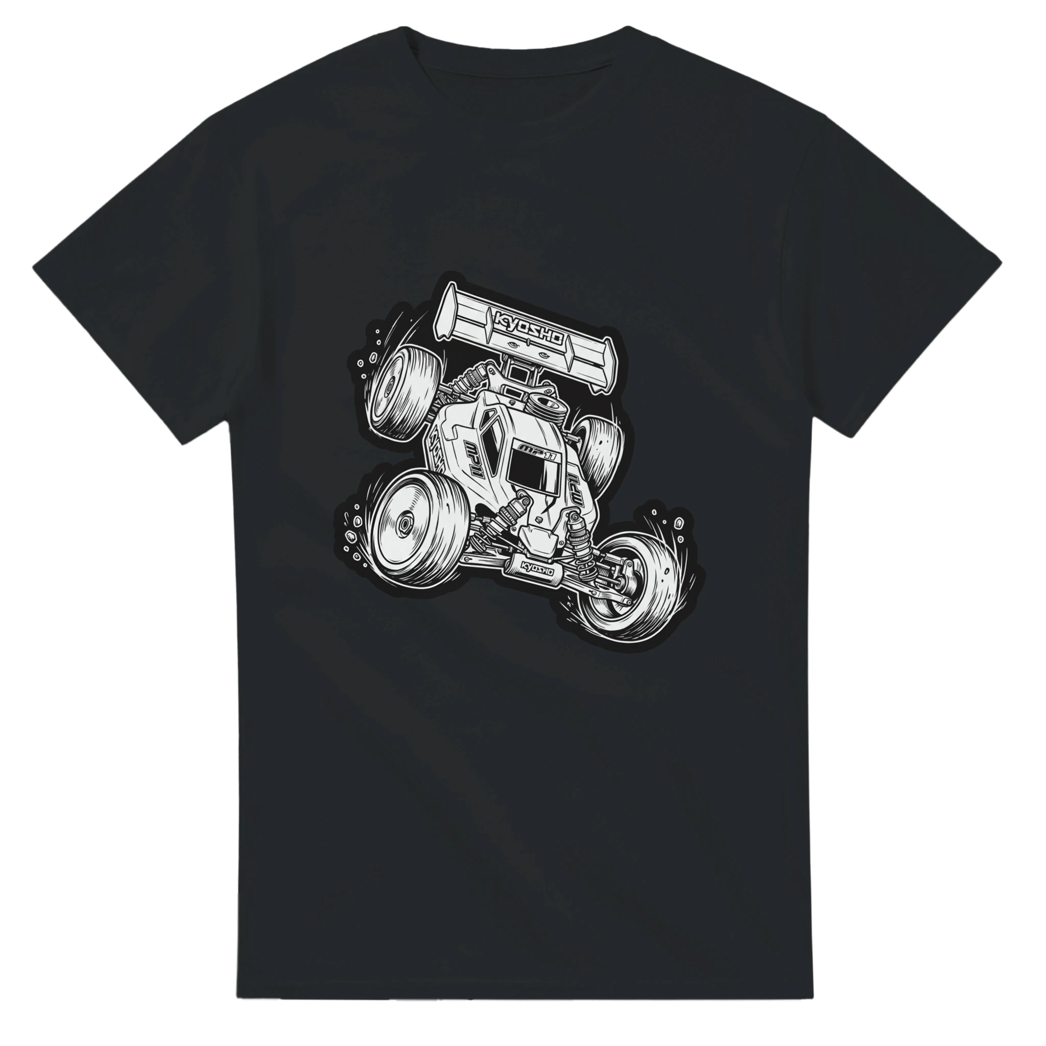 Kyosho RC Buggy T-Shirt – T-Shirt Produktfoto, Vorderansicht auf schwarzem Hintergrund