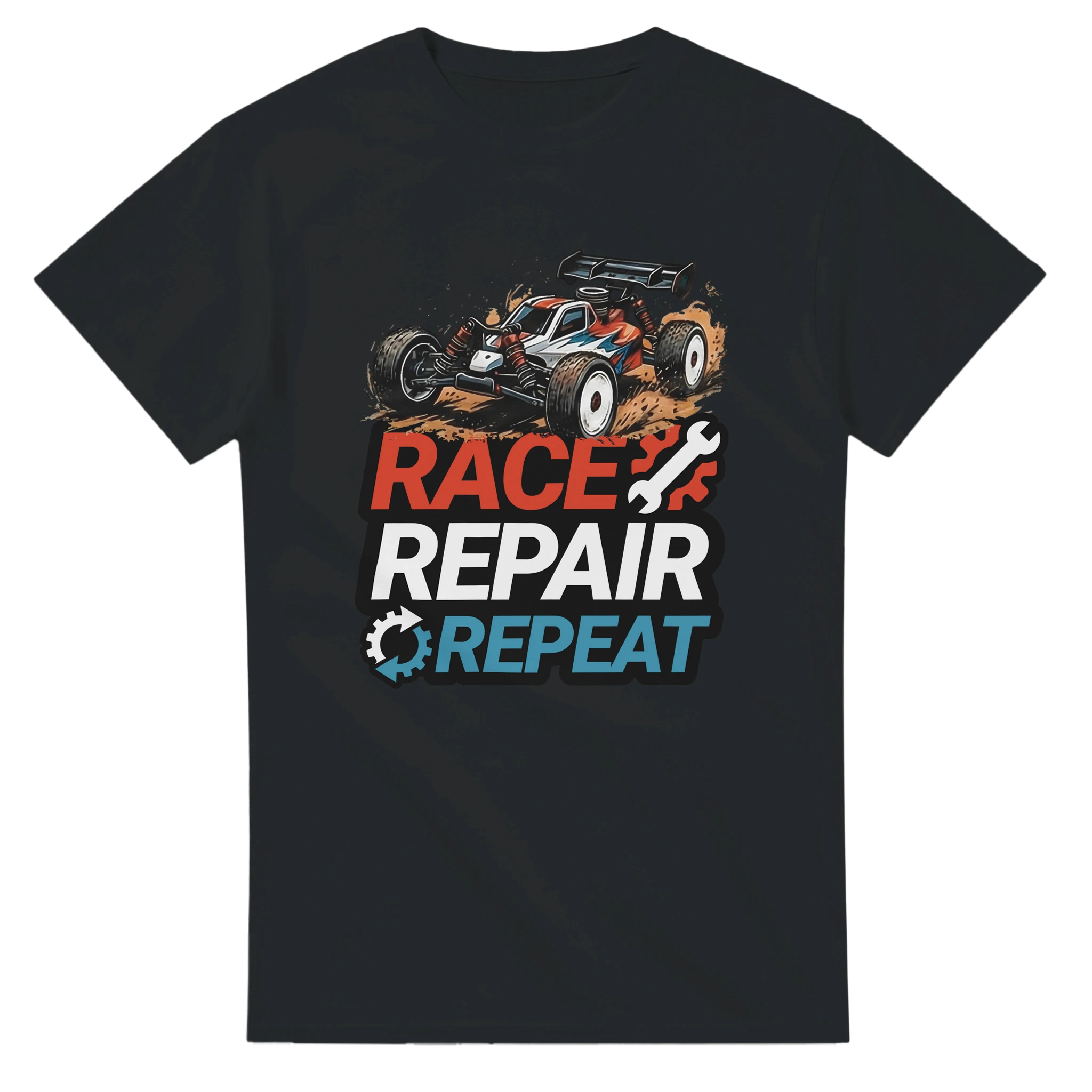 Race Repair Repeat T-Shirt – T-Shirt Produktfoto, Vorderseite auf schwarzem Hintergrund