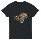 RC Car Stickerbomb T-Shirt – T-Shirt Produktfoto, Vorderansicht auf schwarzem Hintergrund