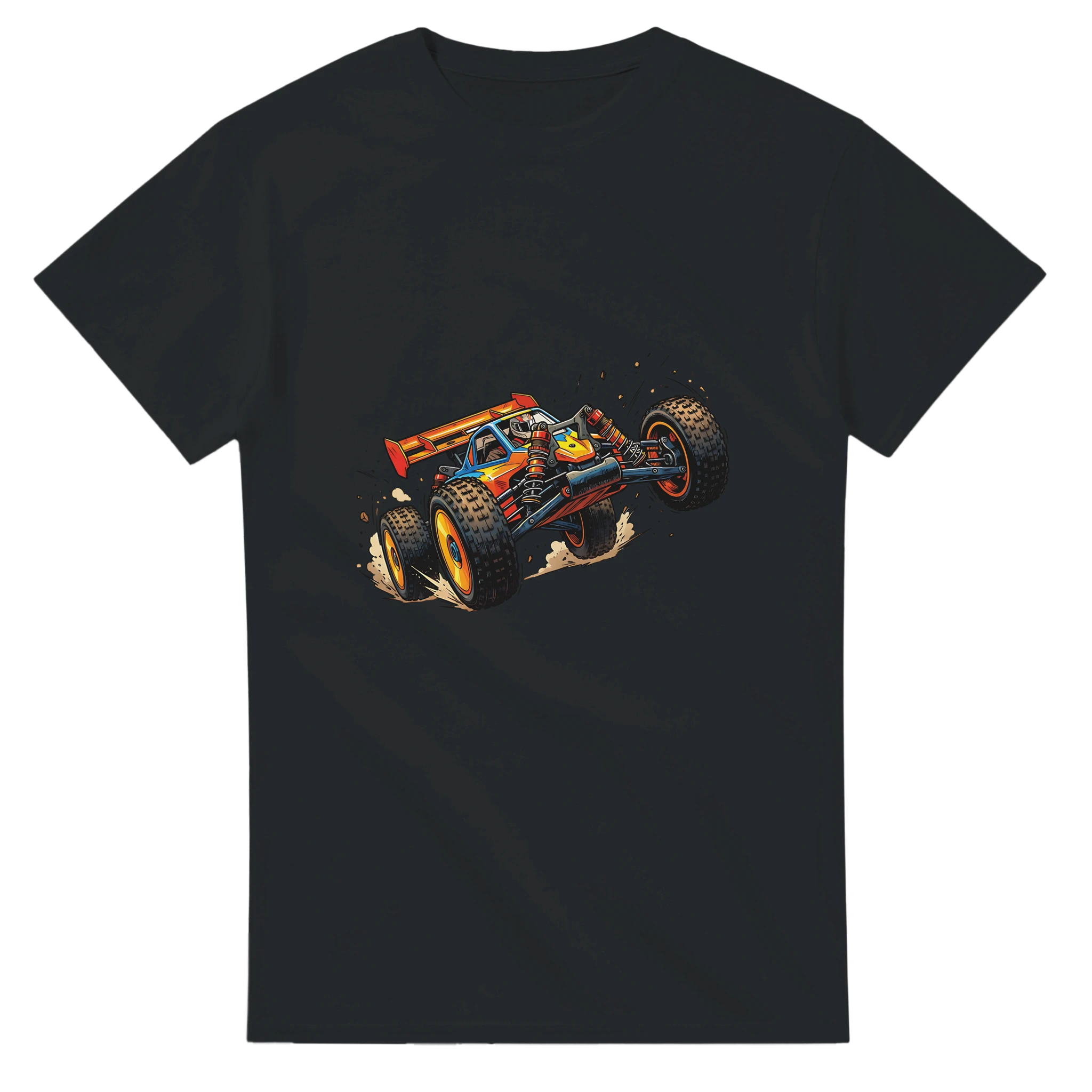 RC Buggy T-Shirt "Flying Buggy" – T-Shirt Produktfoto, Vorderseite auf schwarzem Hintergrund