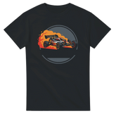 RC Modellbau T-Shirt "Dusty Badge" – T-Shirt Produktfoto, Vorderseite auf schwarzem Hintergrund