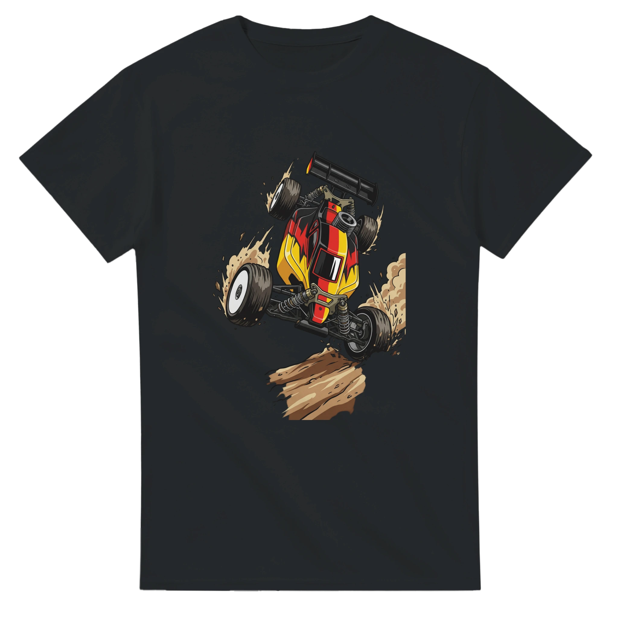 RC Buggy Jump T-Shirt Schwarz-Rot-Gold – T-Shirt Produktfoto, Vorderseite auf schwarzem Hintergrund