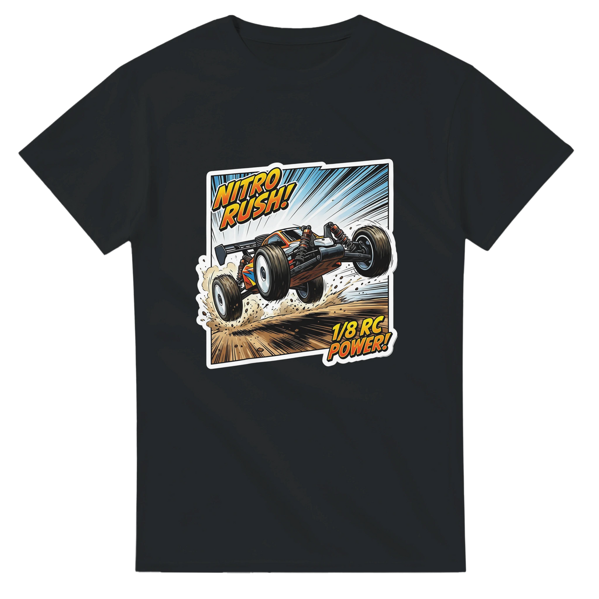 Nitro Rush 1/8 RC Buggy T-Shirt – T-Shirt Produktfoto, Vorderseite auf schwarzem Hintergrund