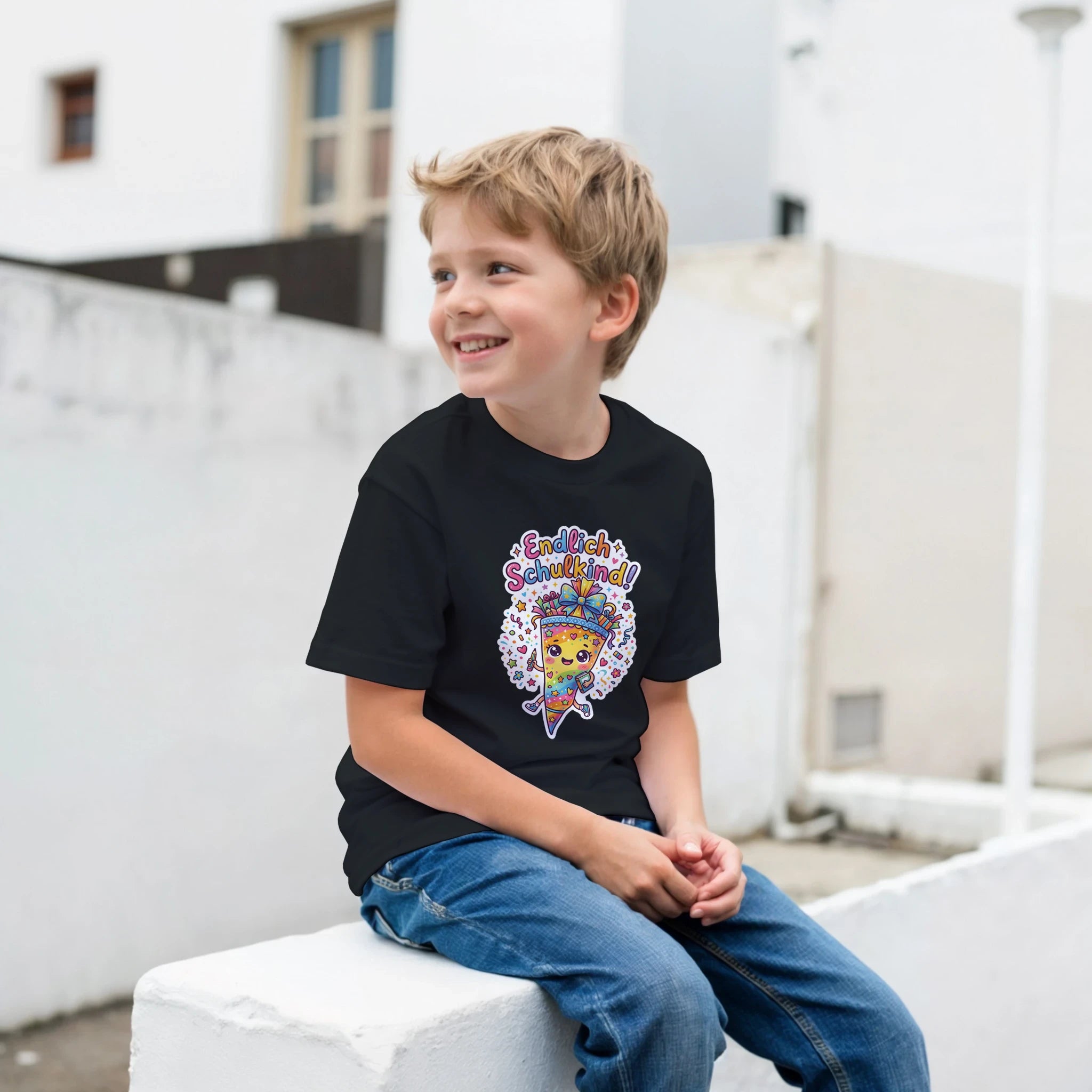 Endlich Schulkind T-Shirt – Junge trägt Kinder T-Shirt, Outdoor Lifestyle Foto