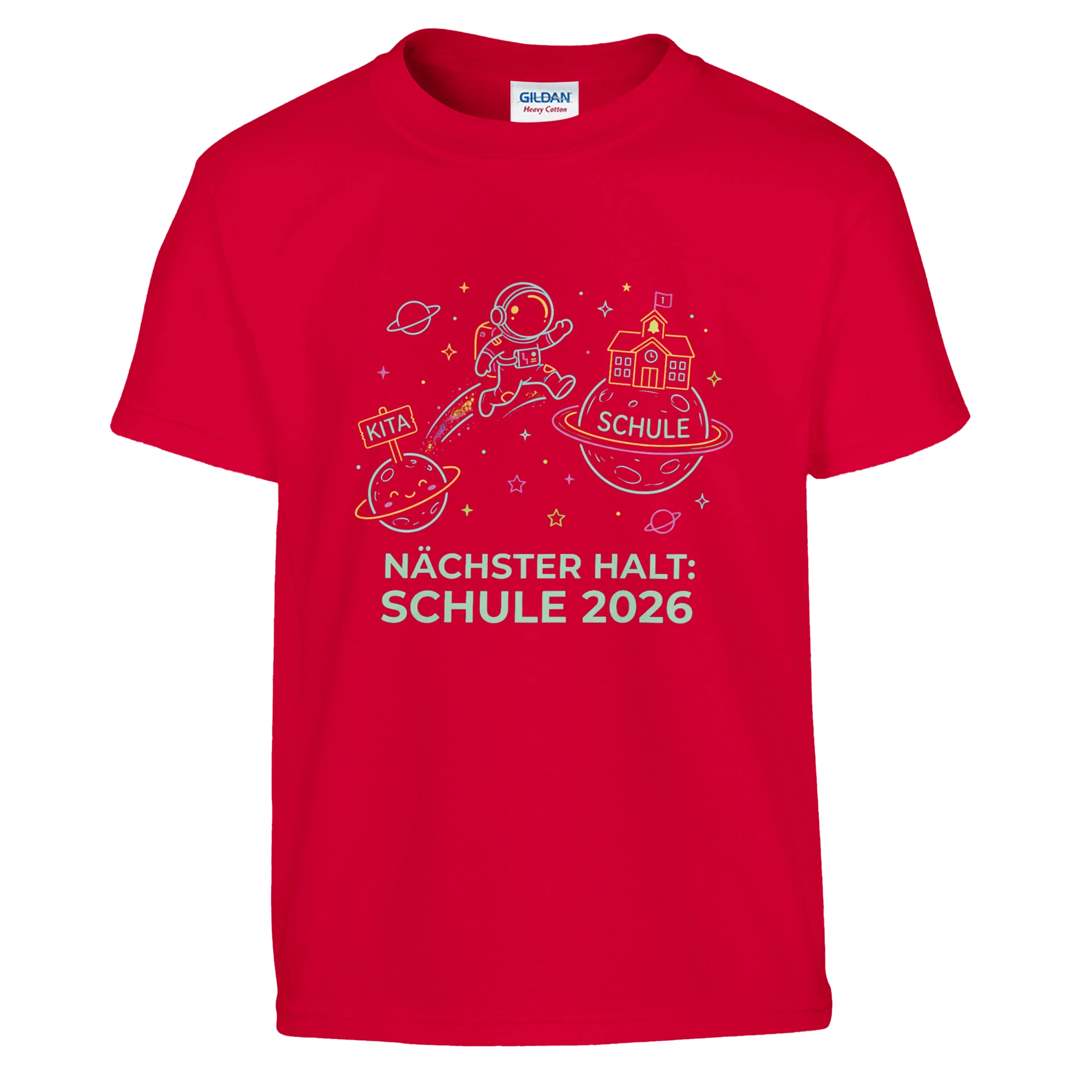 Nächster Halt Schule Astronaut Einschulung Shirt – Kinder T-Shirt Nahaufnahme Aufdruck