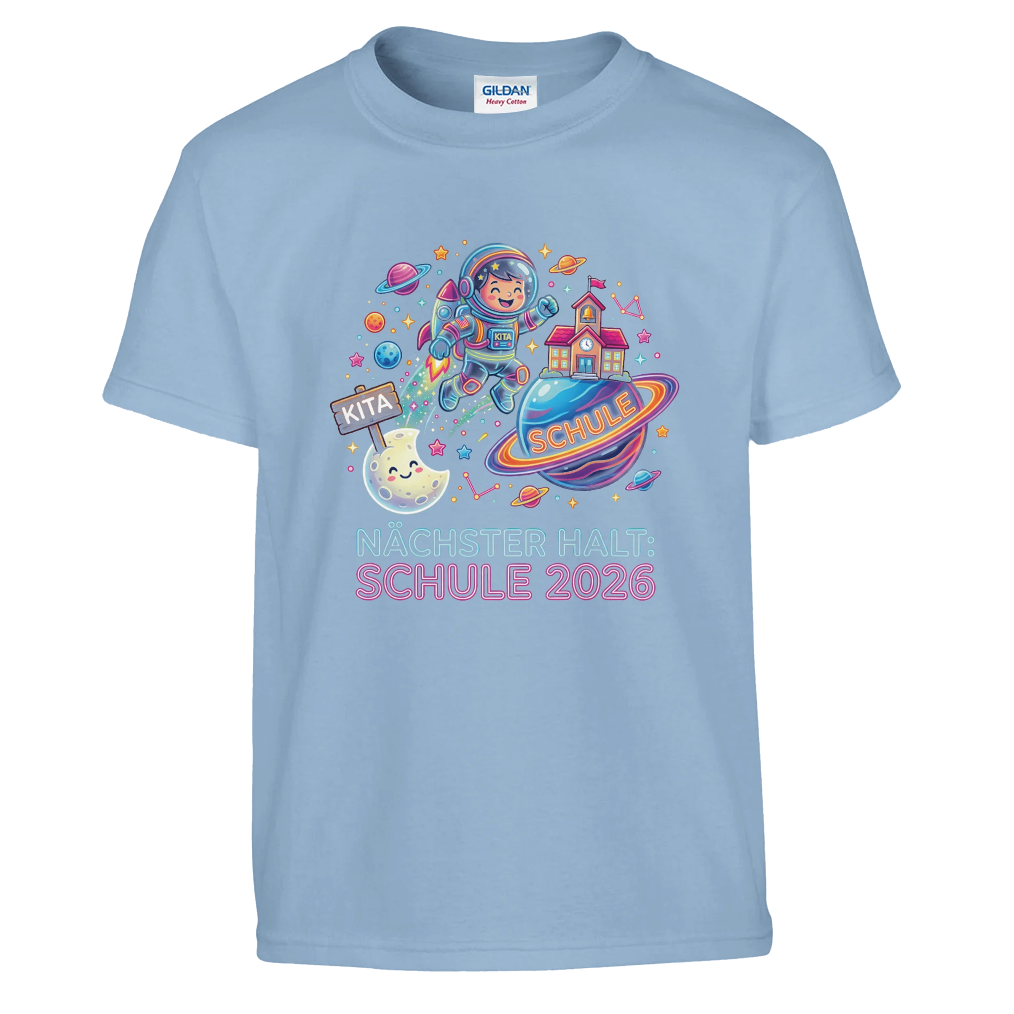 Nächster Halt Schule Astronaut Neon Einschulung Shirt – Kinder T-Shirt Nahaufnahme Aufdruck