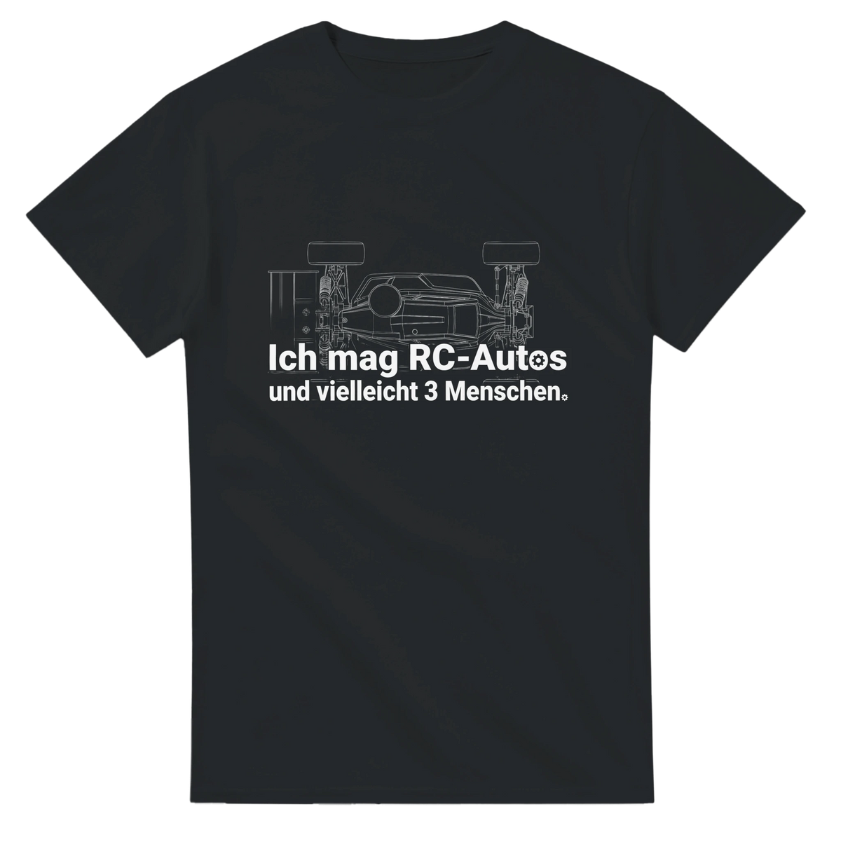 Ich mag RC-Autos und vielleicht 3 Menschen T-Shirt – T-Shirt Produktfoto, Vorderseite auf schwarzem Hintergrund