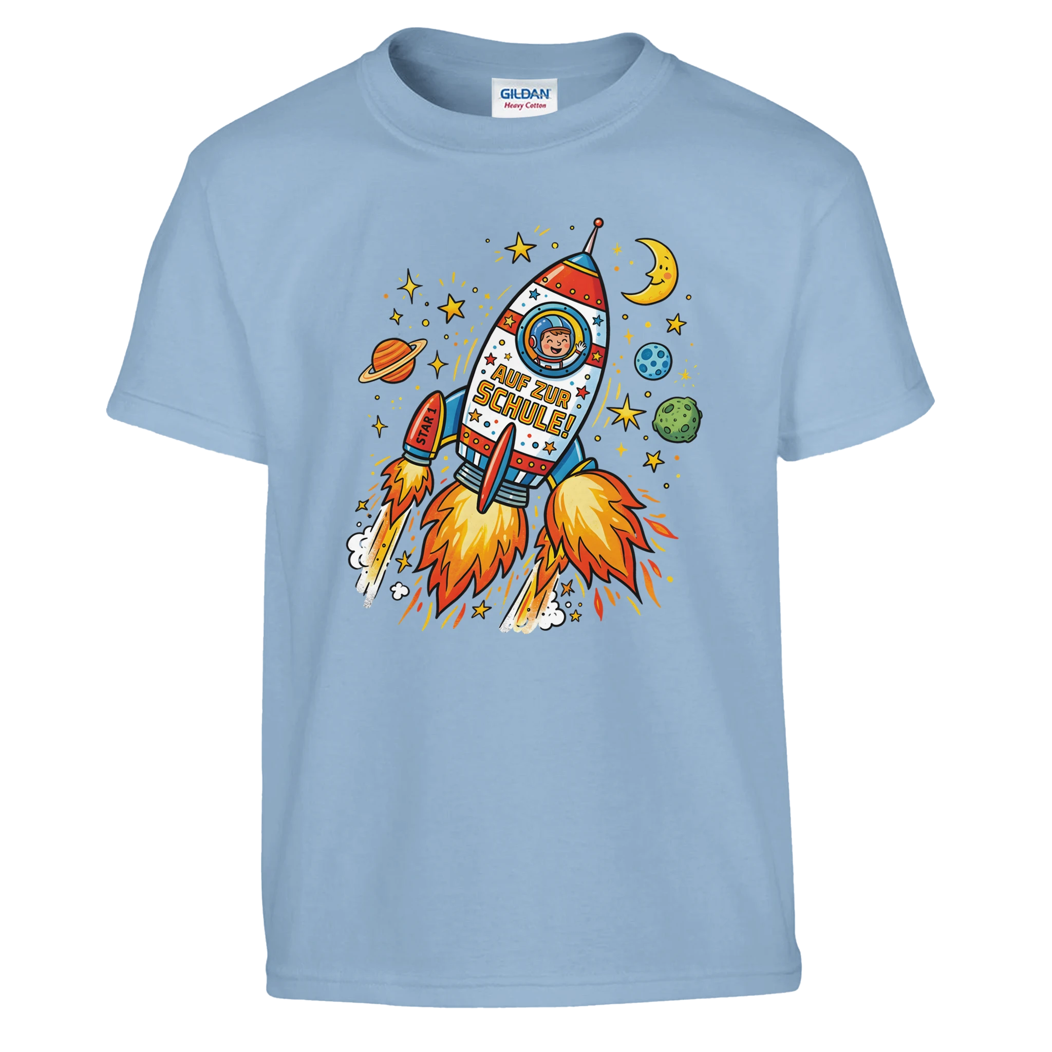 Auf zur Schule Einschulung Shirt Rakete – Kinder T-Shirt Nahaufnahme Aufdruck