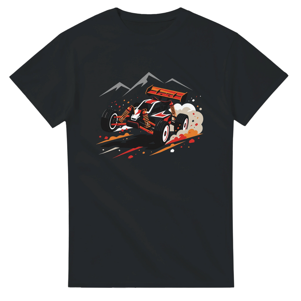 RC Buggy Off-Road Racer T-Shirt – T-Shirt Produktfoto, Vorderseite auf schwarzem Hintergrund
