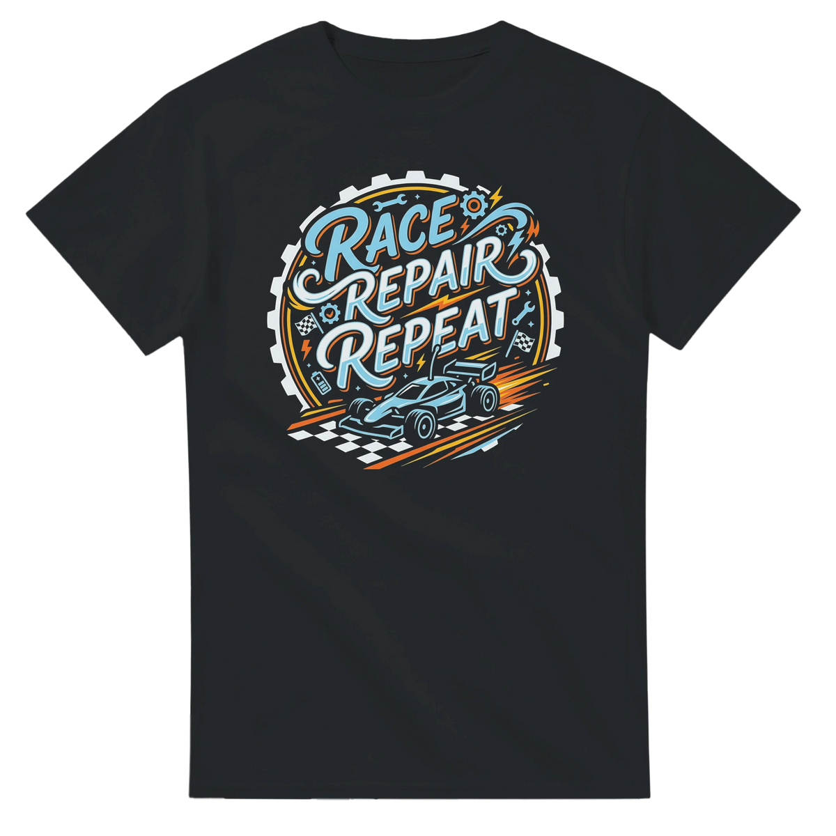 Race Repair Repeat T-Shirt – T-Shirt Produktfoto, Vorderseite auf schwarzem Hintergrund