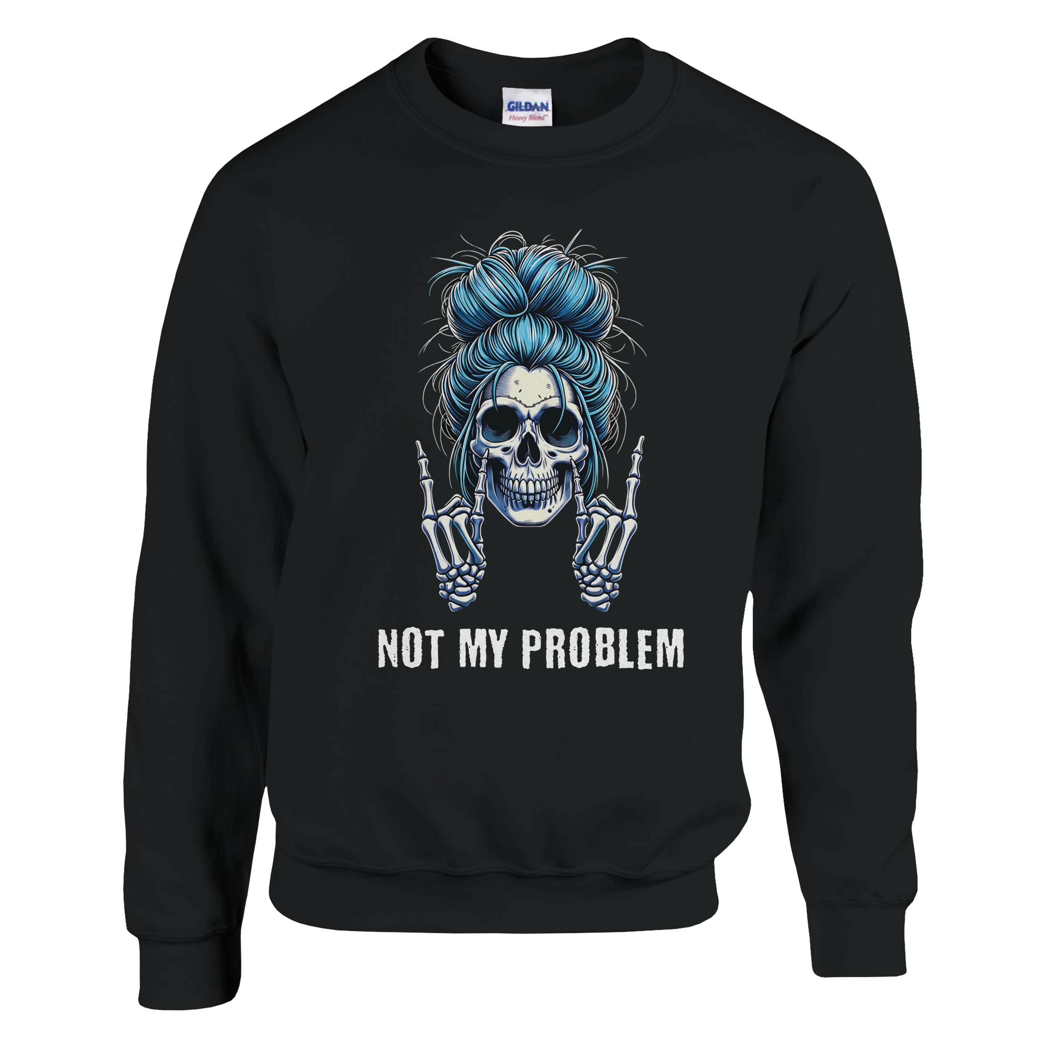 Not My Problem Pullover – Pullover Produktfoto, Vorderansicht auf schwarzem Hintergrund