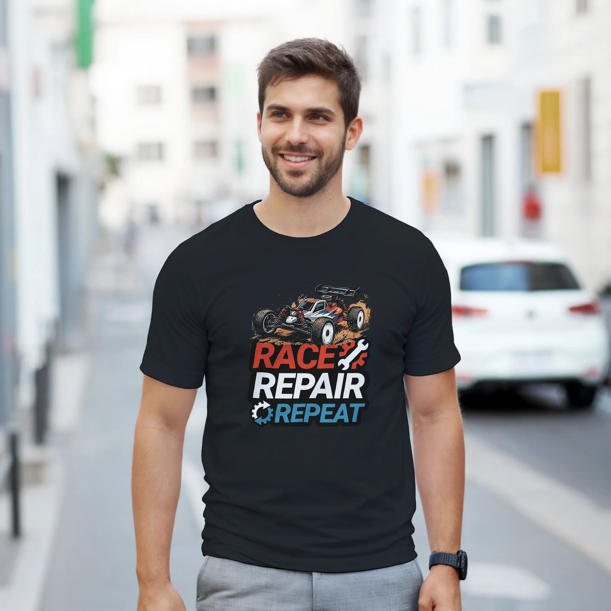 Race Repair Repeat T-Shirt – Herren Lifestyle, Mann trägt T-Shirt, Frontalansicht