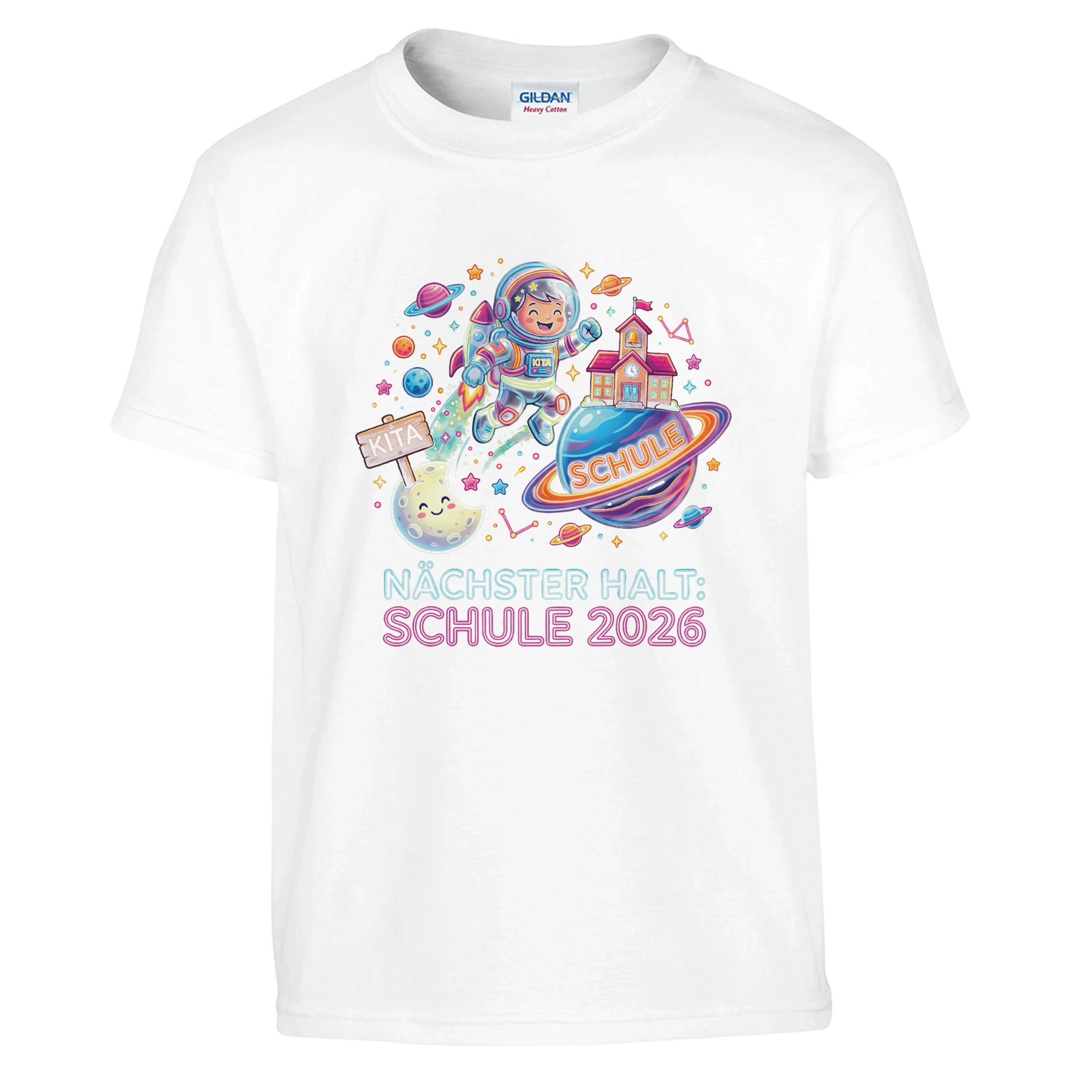 Nächster Halt Schule Astronaut Neon Einschulung Shirt – Kinder T-Shirt Rückseite