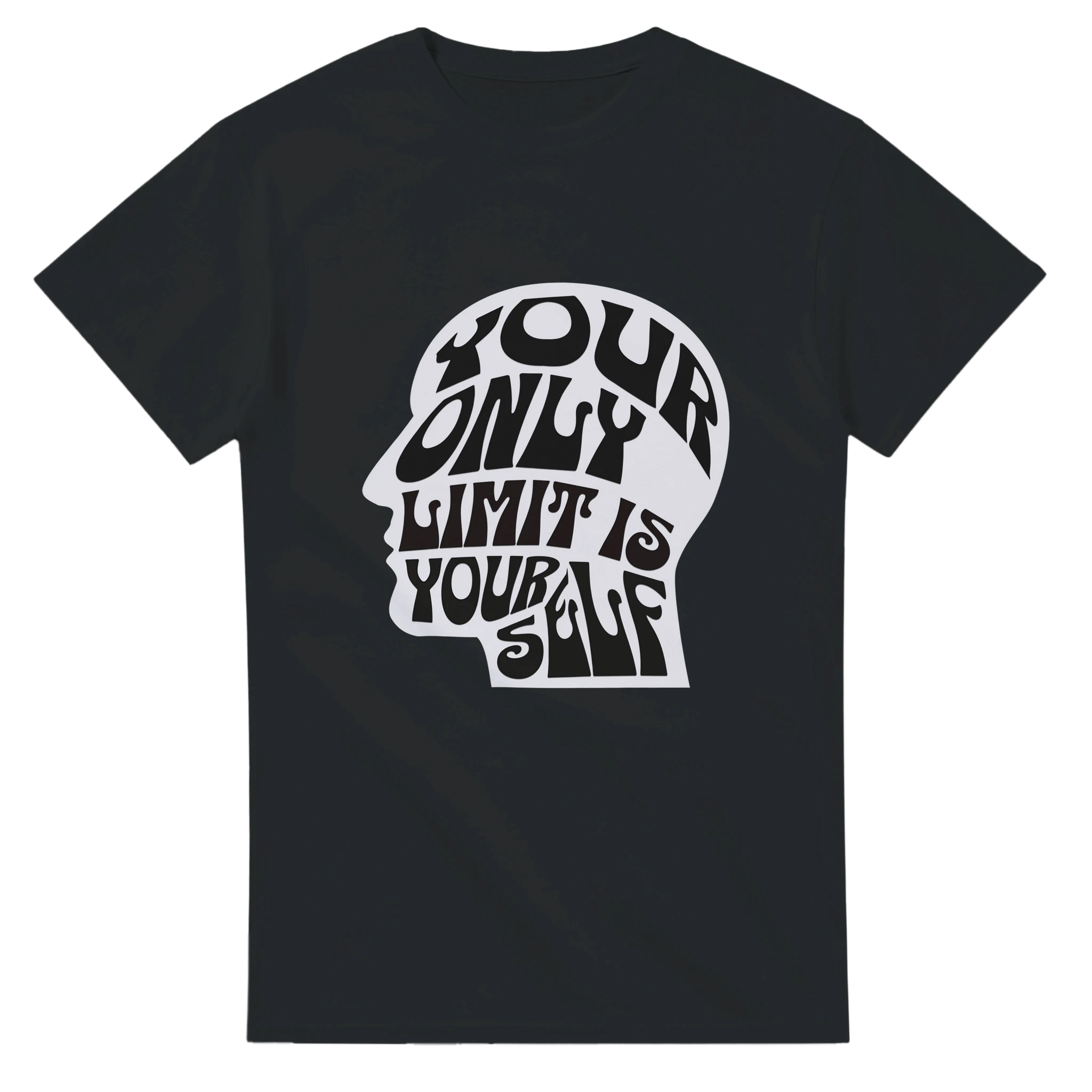 Your Only Limit Is Yourself T-Shirt – T-Shirt Produktfoto, Vorderseite auf schwarzem Hintergrund