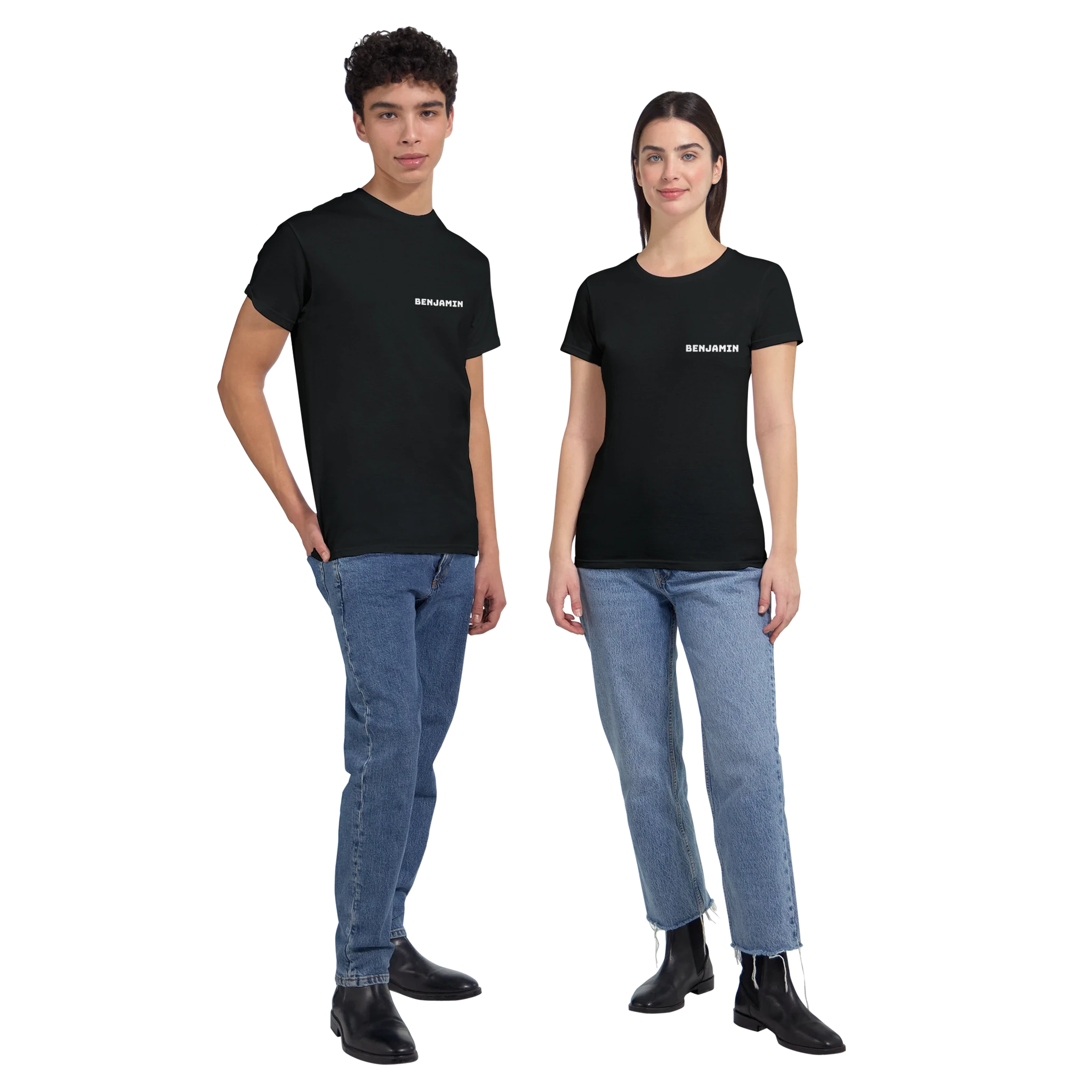 LA Speedway Racing Club T-Shirt mit Name – Mann und Frau tragen T-Shirt, Vorderansicht Duo-Foto