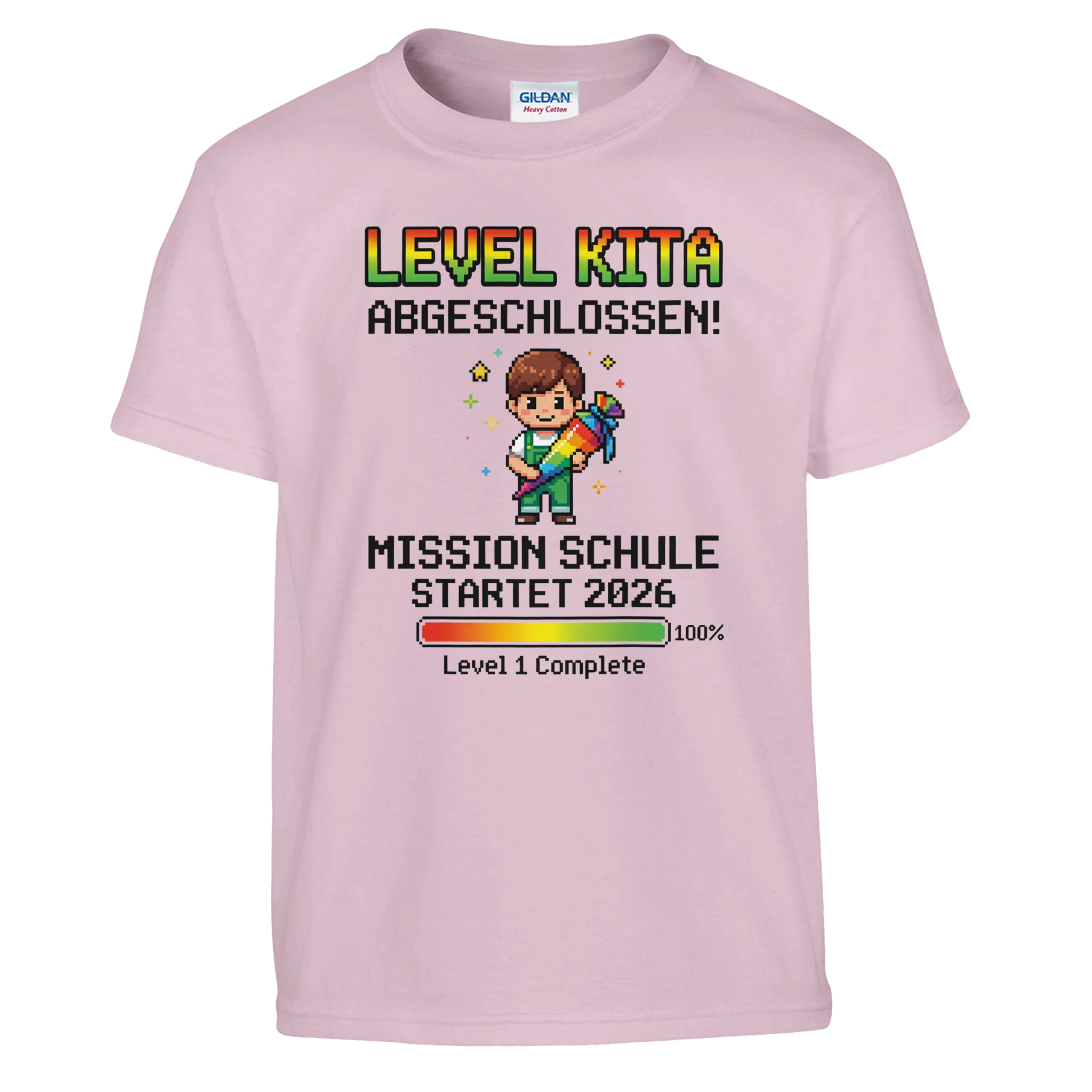 Level Kita Abgeschlossen Gaming Einschulung Shirt – Kinder T-Shirt Vorderseite Detailansicht