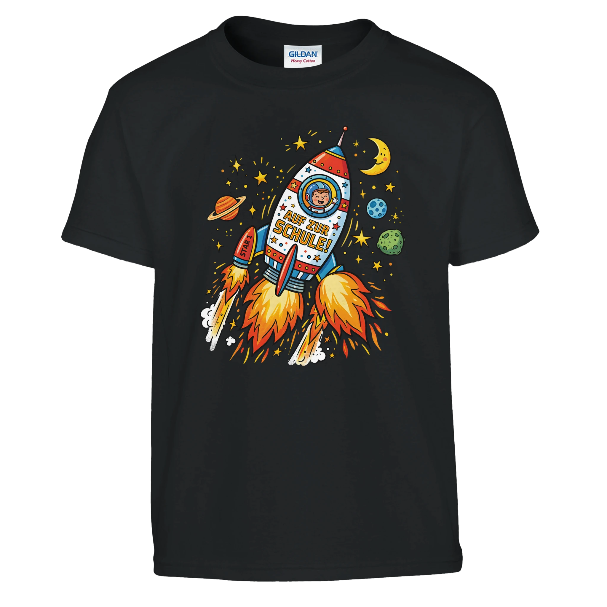 Auf zur Schule Einschulung Shirt Rakete – Kinder T-Shirt Weiß Freisteller