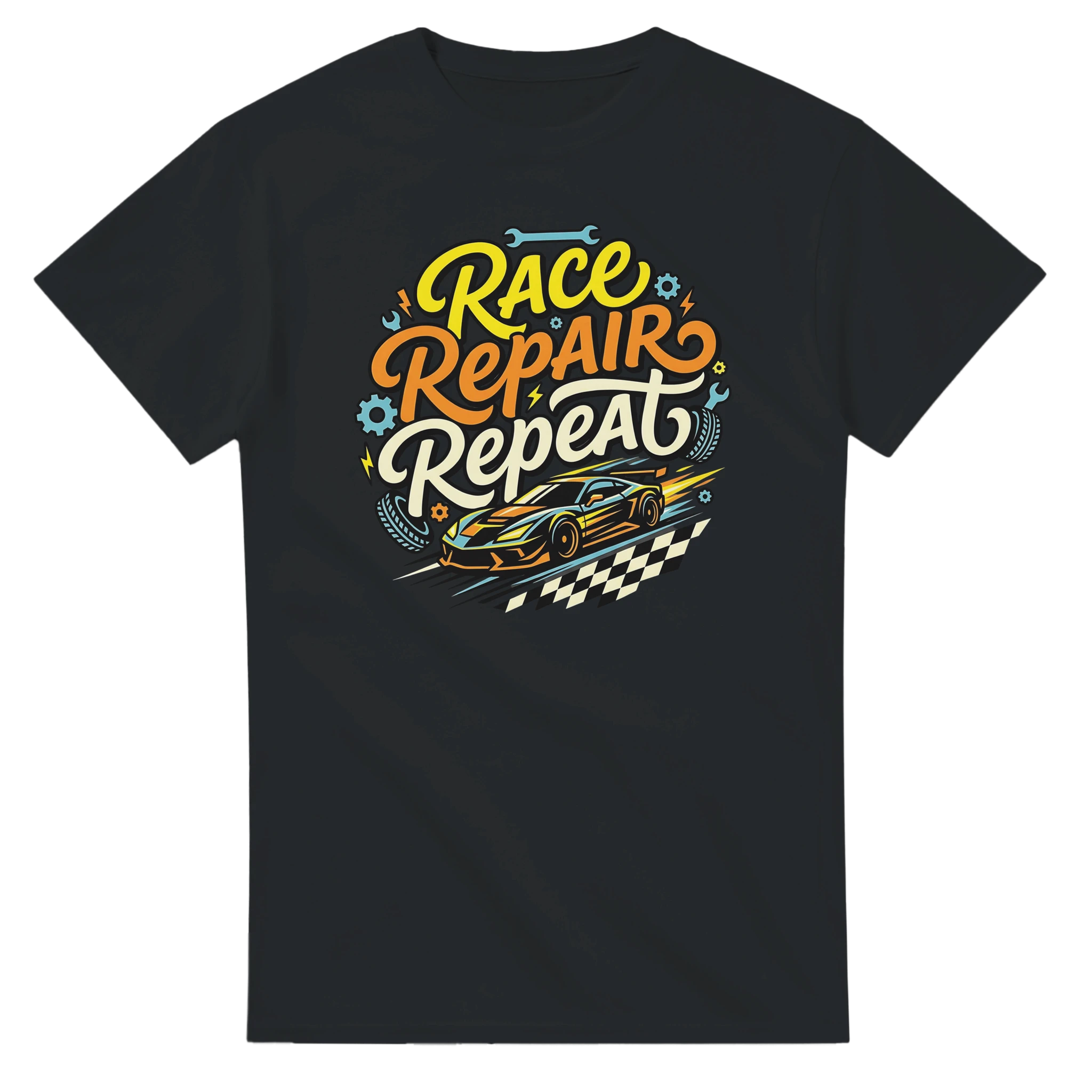Race Repair Repeat T-Shirt – T-Shirt Produktfoto, Vorderseite auf schwarzem Hintergrund