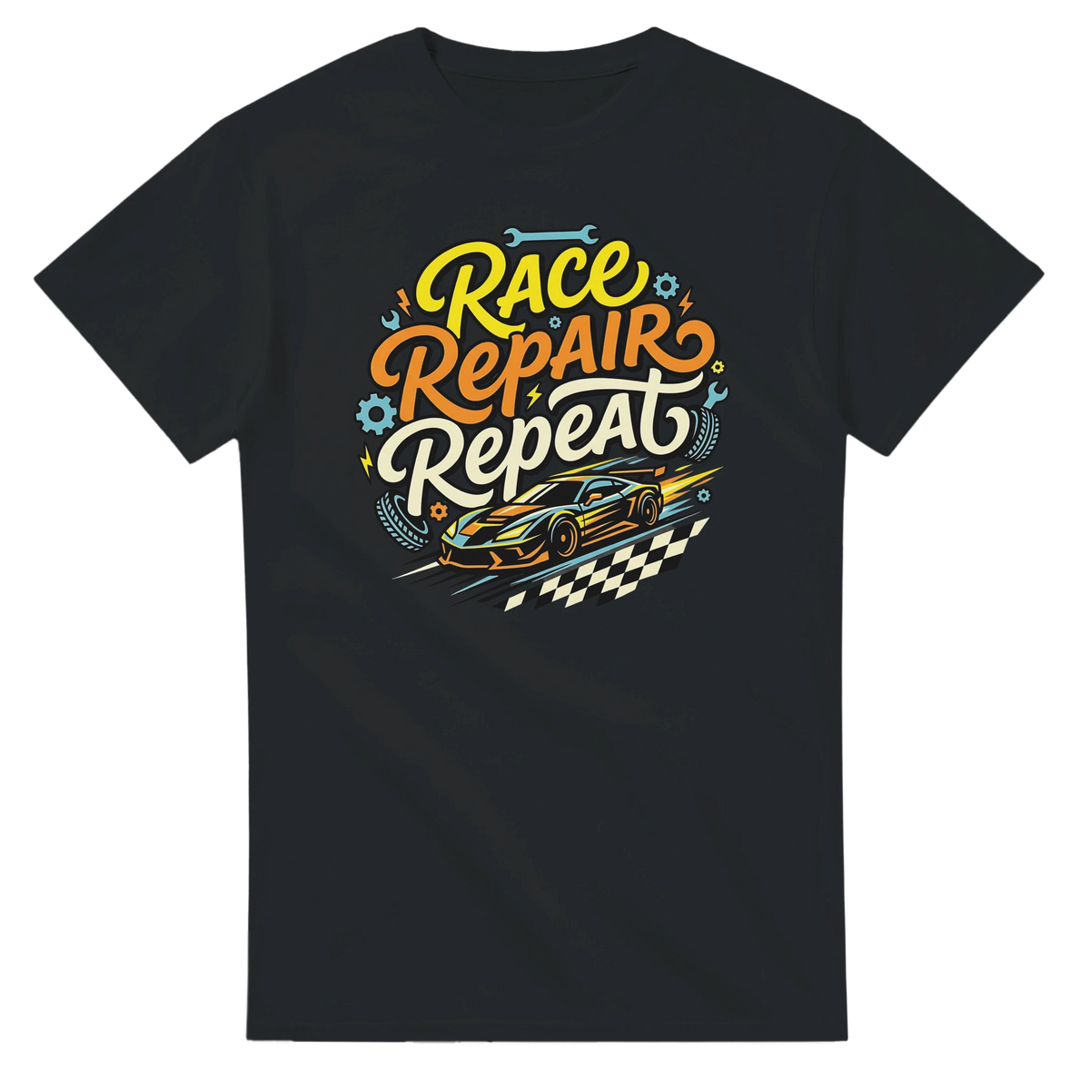 Race Repair Repeat T-Shirt – T-Shirt Produktfoto, Vorderseite auf schwarzem Hintergrund