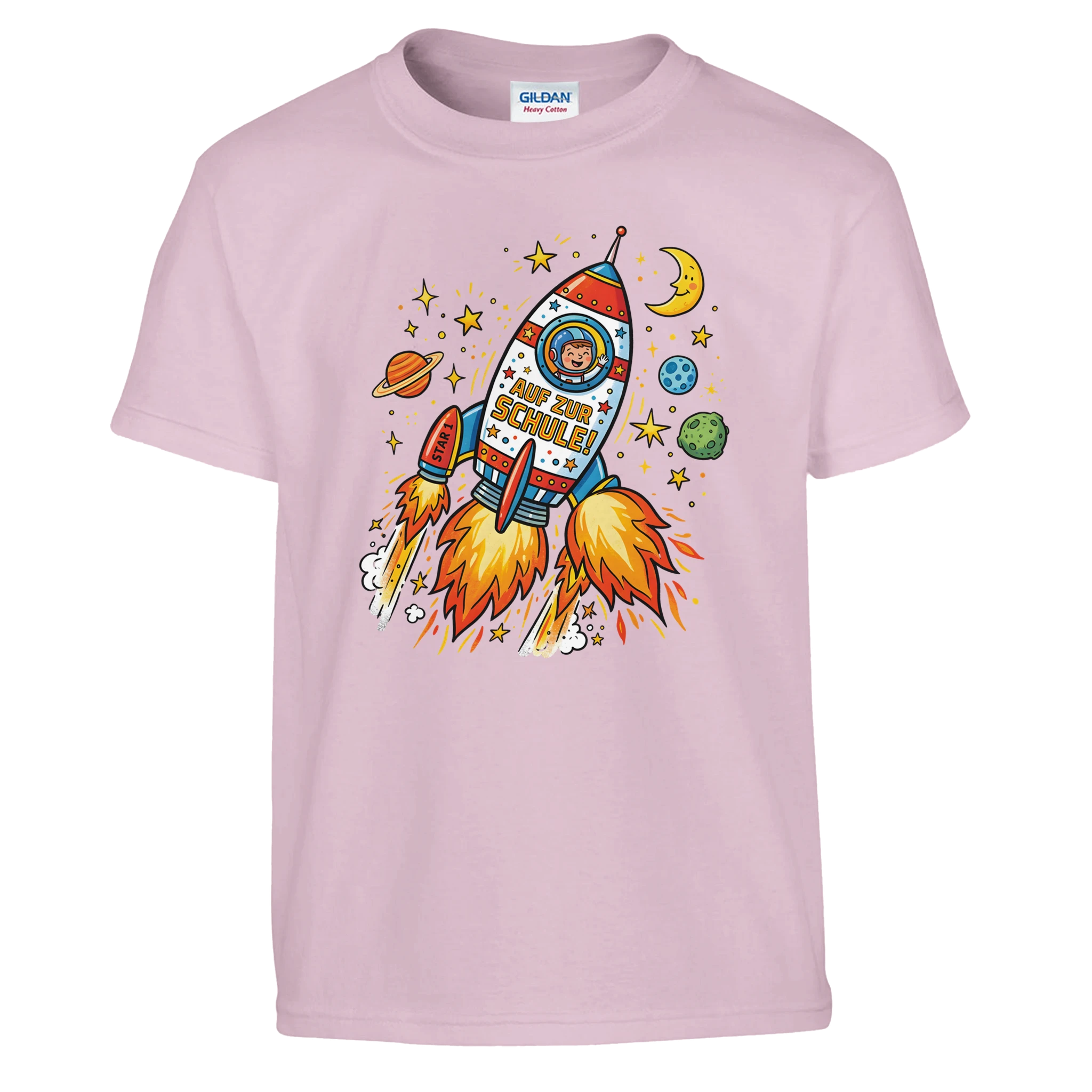 Auf zur Schule Einschulung Shirt Rakete – Kinder T-Shirt auf weißem Hintergrund