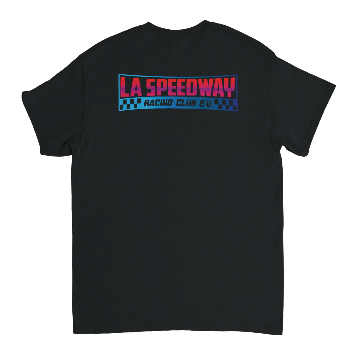 LA Speedway Racing Club T-Shirt – T-Shirt Produktfoto, Vorderansicht auf schwarzem Hintergrund