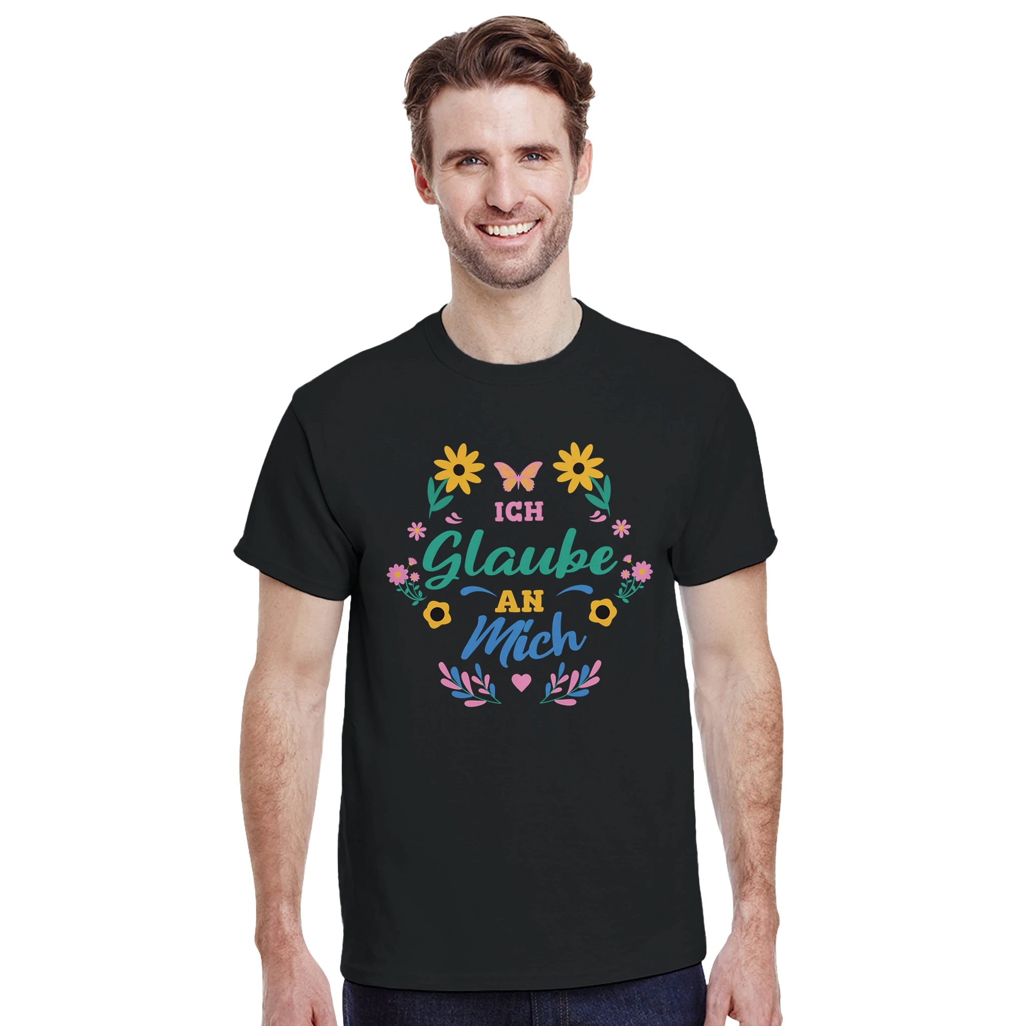 Ich Glaube An Mich T-Shirt – Damen Lifestyle 1, Frau trägt T-Shirt