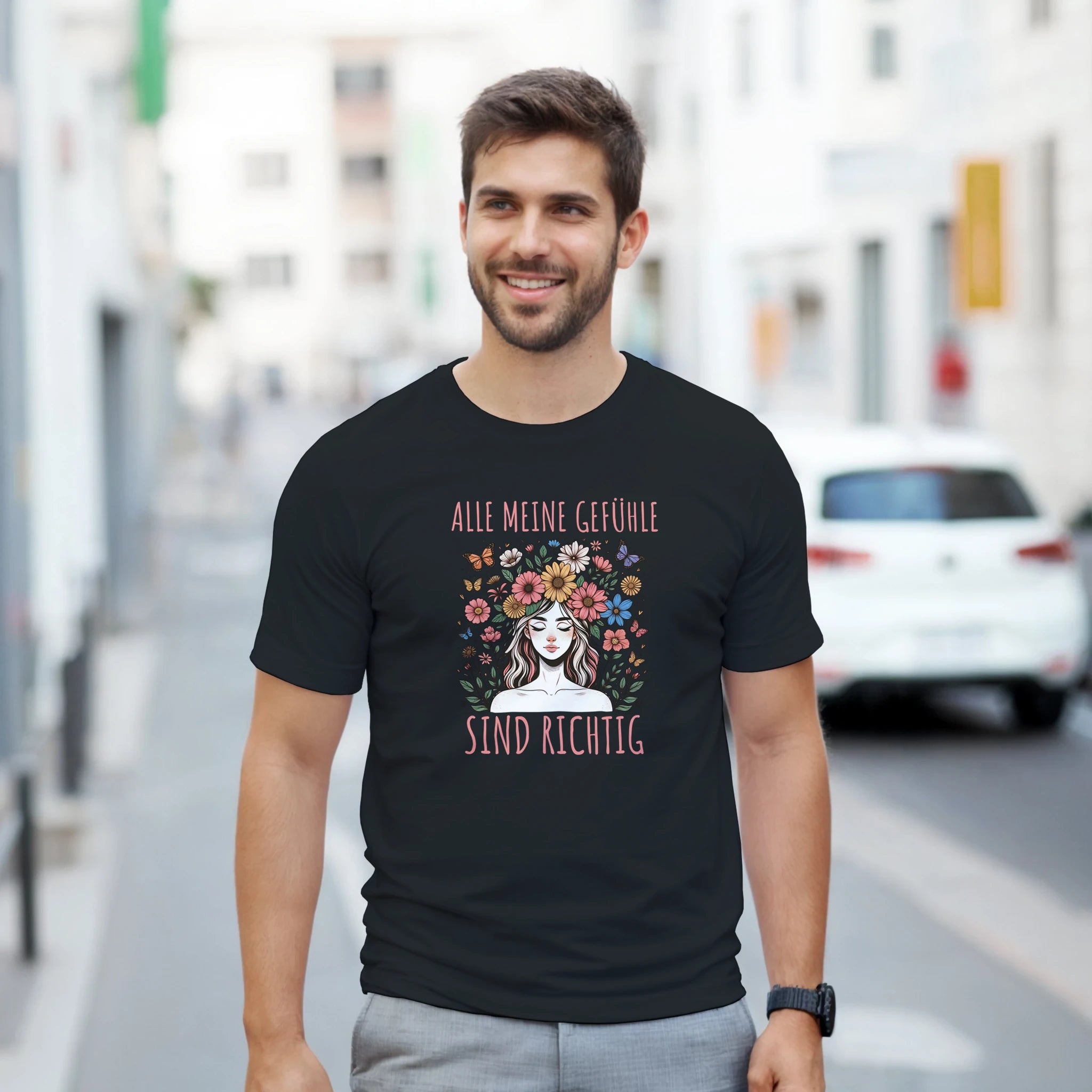 Alle Meine Gefühle Sind Richtig T-Shirt – Herren Lifestyle, Mann trägt T-Shirt, Outdoor Look