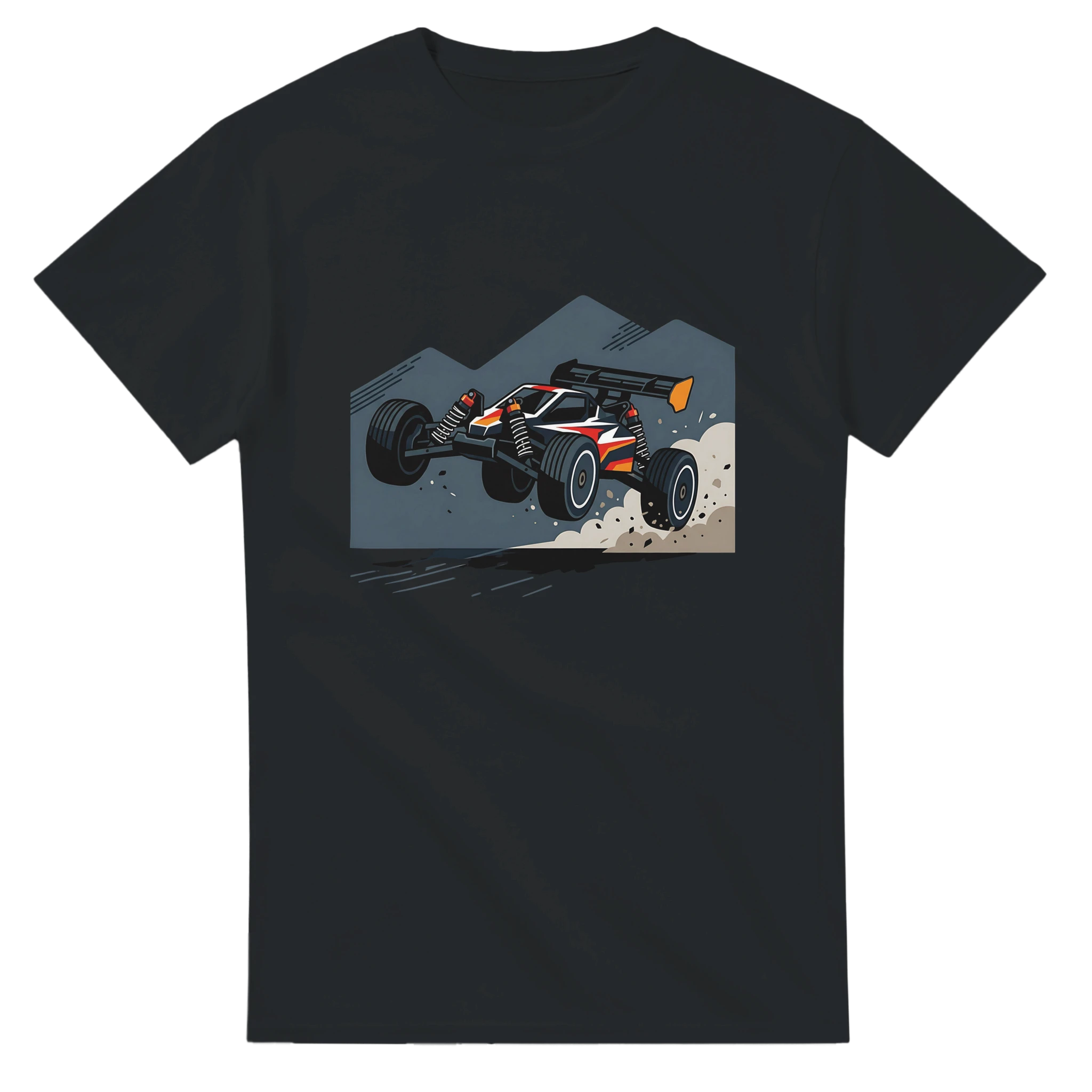 RC Buggy Jumping T-Shirt – T-Shirt Produktfoto, Vorderseite auf schwarzem Hintergrund