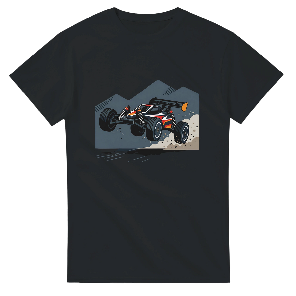 RC Buggy Jumping T-Shirt – T-Shirt Produktfoto, Vorderseite auf schwarzem Hintergrund
