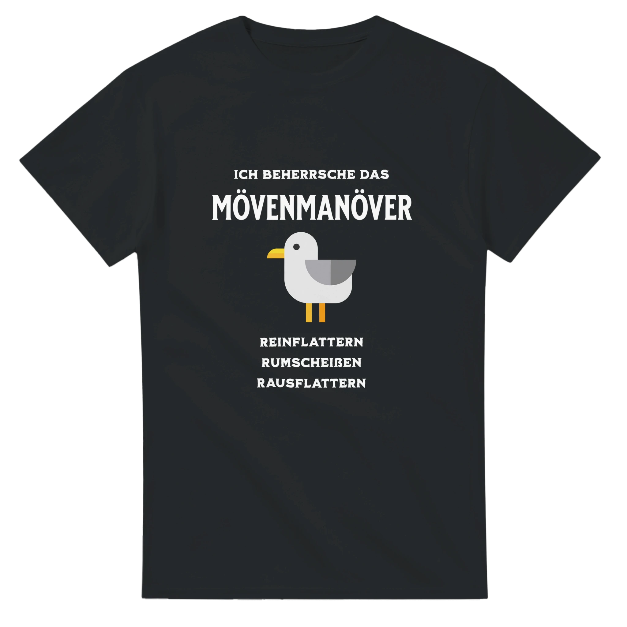 Mövenmanöver Fun Shirt – T-Shirt Produktfoto, Vorderseite auf schwarzem Hintergrund
