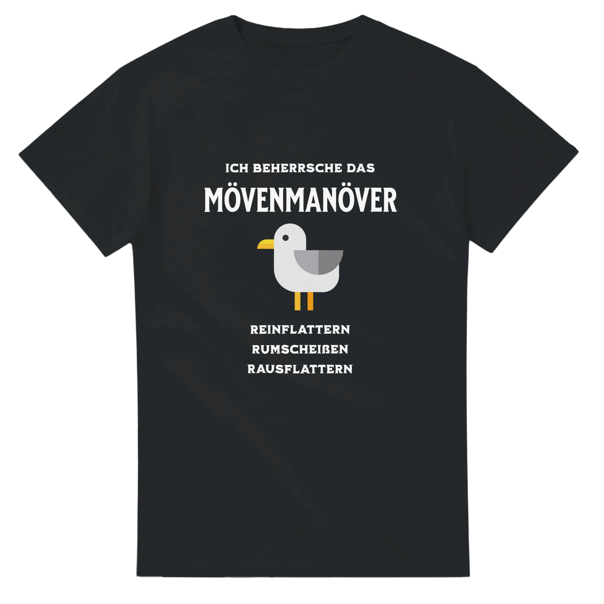 Mövenmanöver Fun Shirt – T-Shirt Produktfoto, Vorderseite auf schwarzem Hintergrund