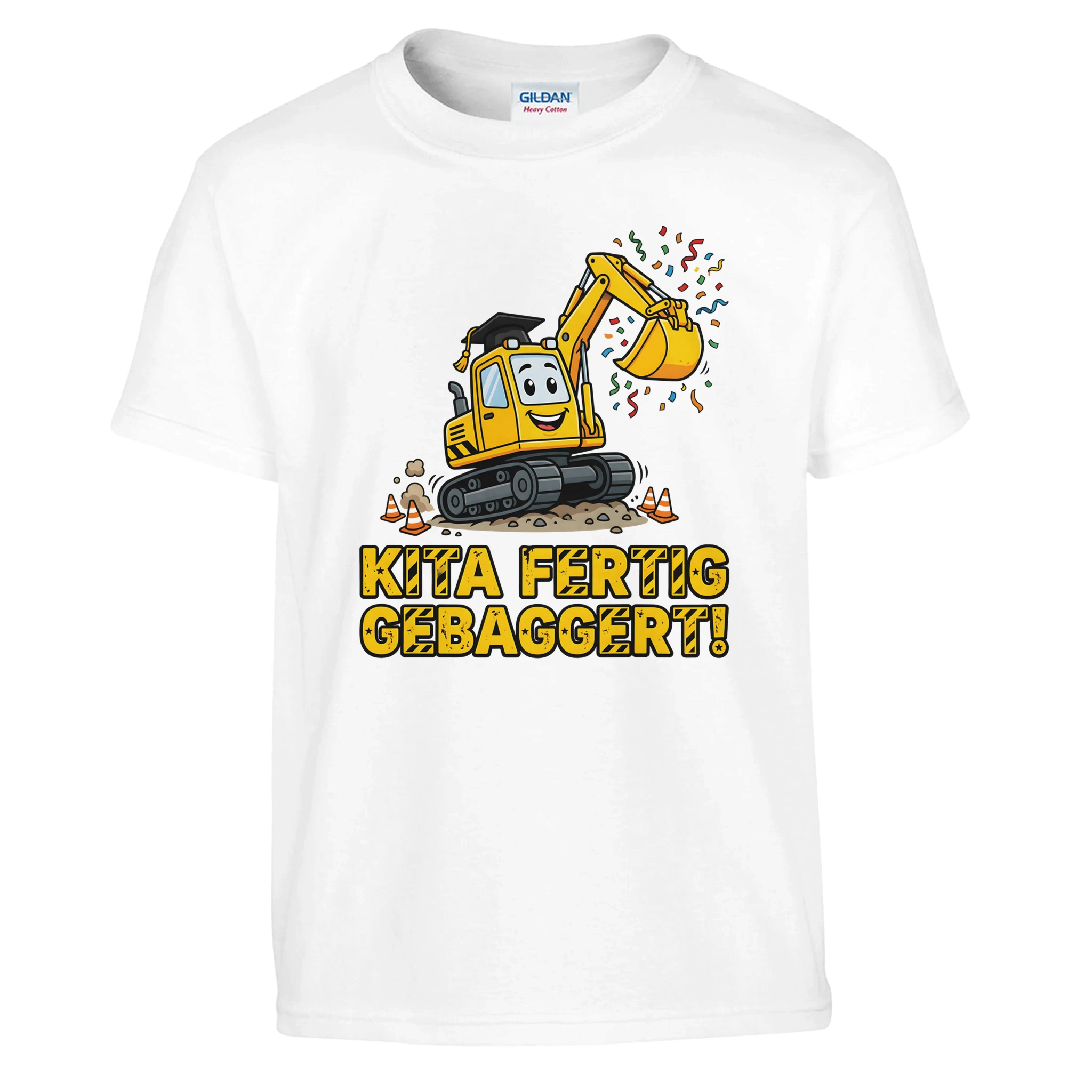 Kita Fertig Gebaggert Abschluss Shirt Bagger – Kinder T-Shirt Vorderseite Detailansicht
