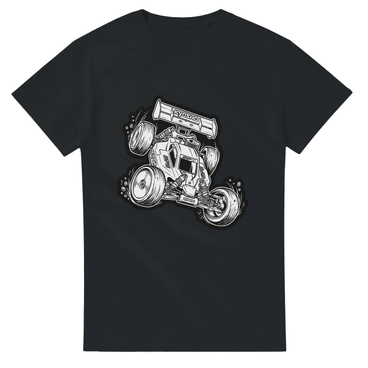 Kyosho RC Buggy T-Shirt – T-Shirt Produktfoto, Vorderansicht auf schwarzem Hintergrund