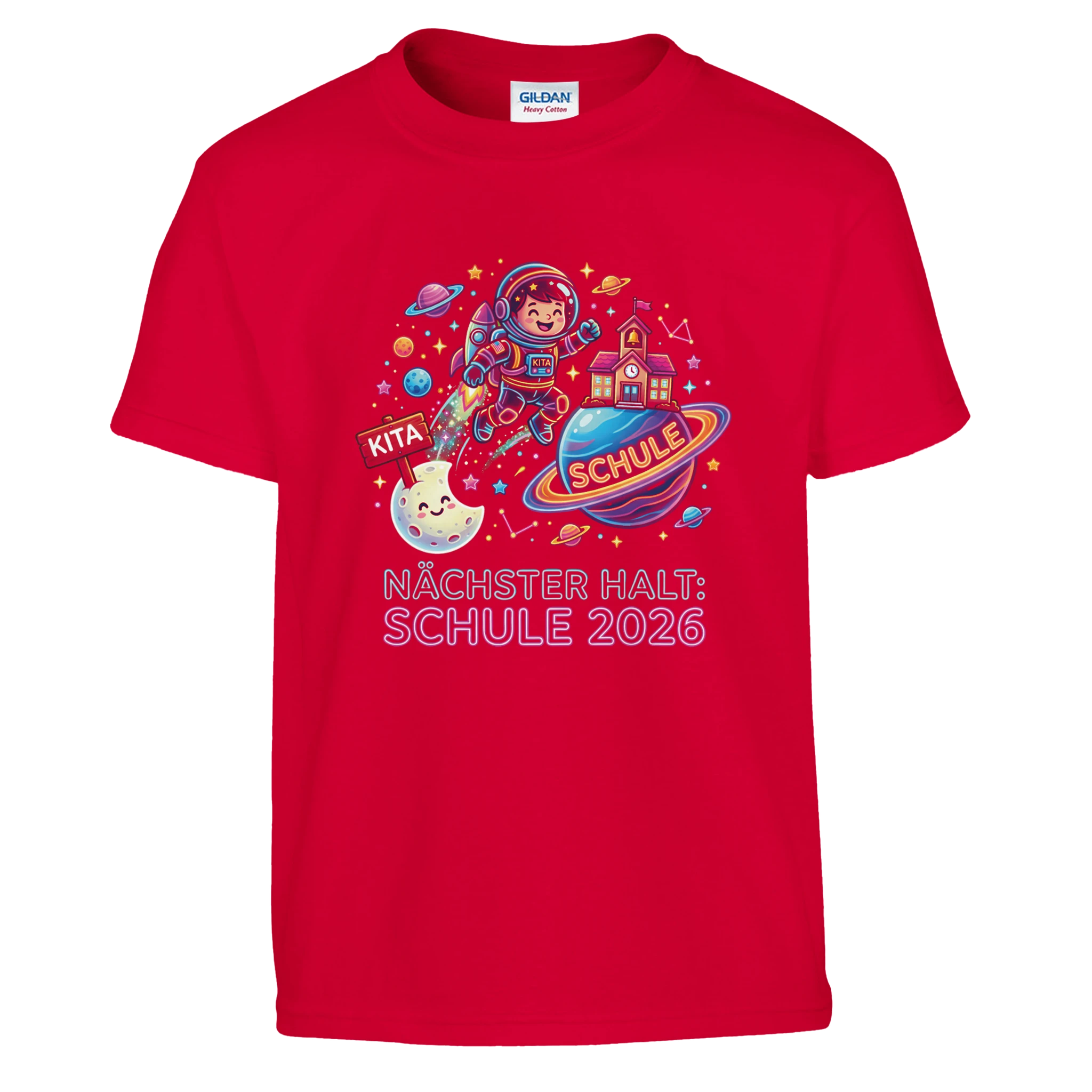 Nächster Halt Schule Astronaut Neon Einschulung Shirt – Kinder T-Shirt auf weißem Hintergrund