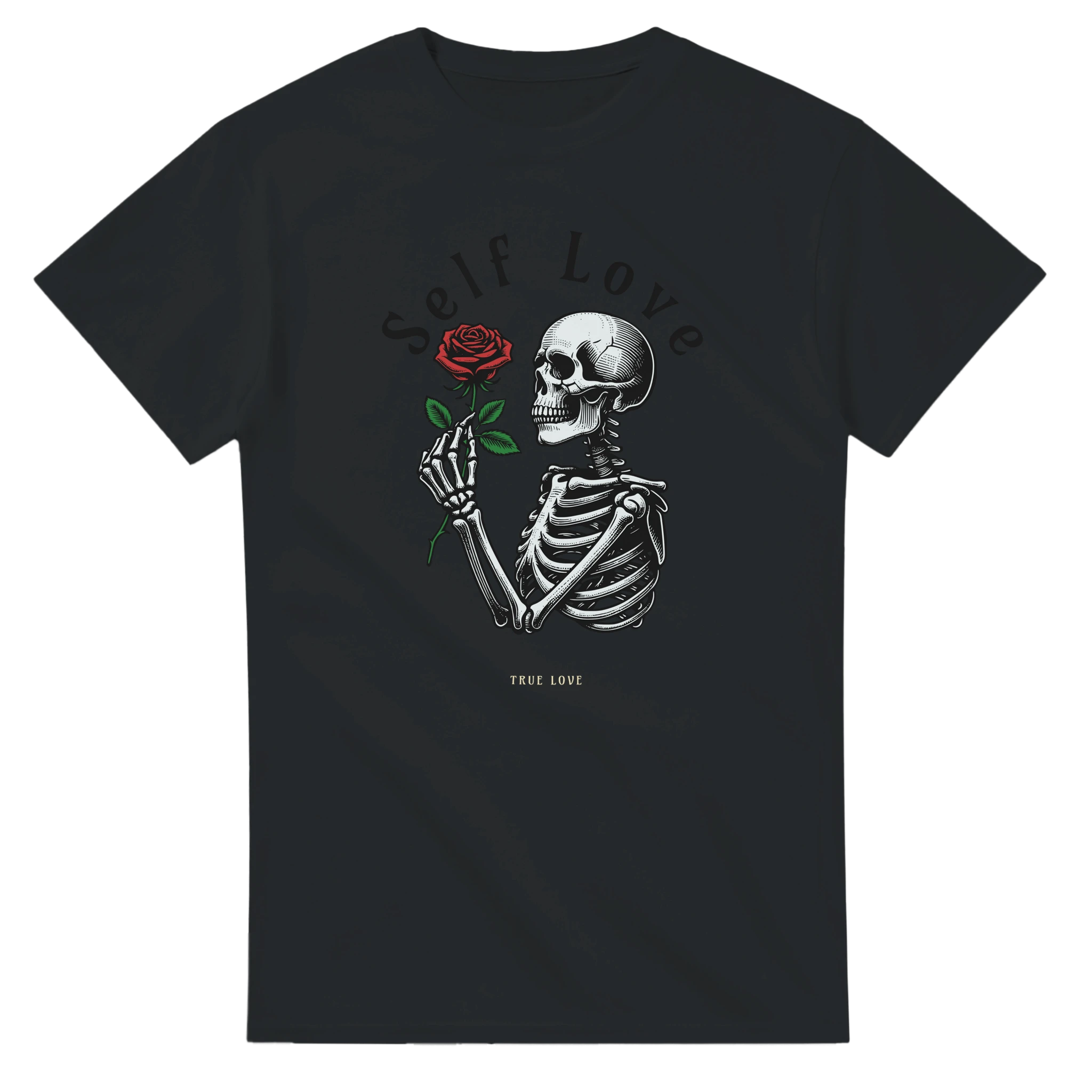 Self Love True Love T-Shirt – T-Shirt Produktfoto, Vorderseite auf schwarzem Hintergrund