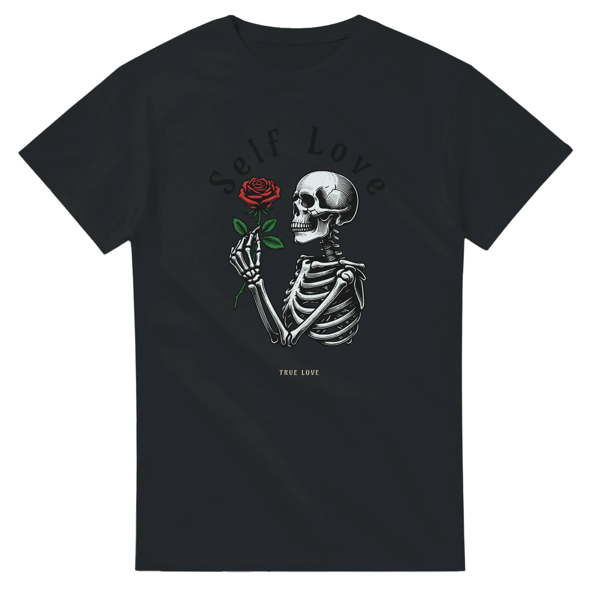 Self Love True Love T-Shirt – T-Shirt Produktfoto, Vorderseite auf schwarzem Hintergrund