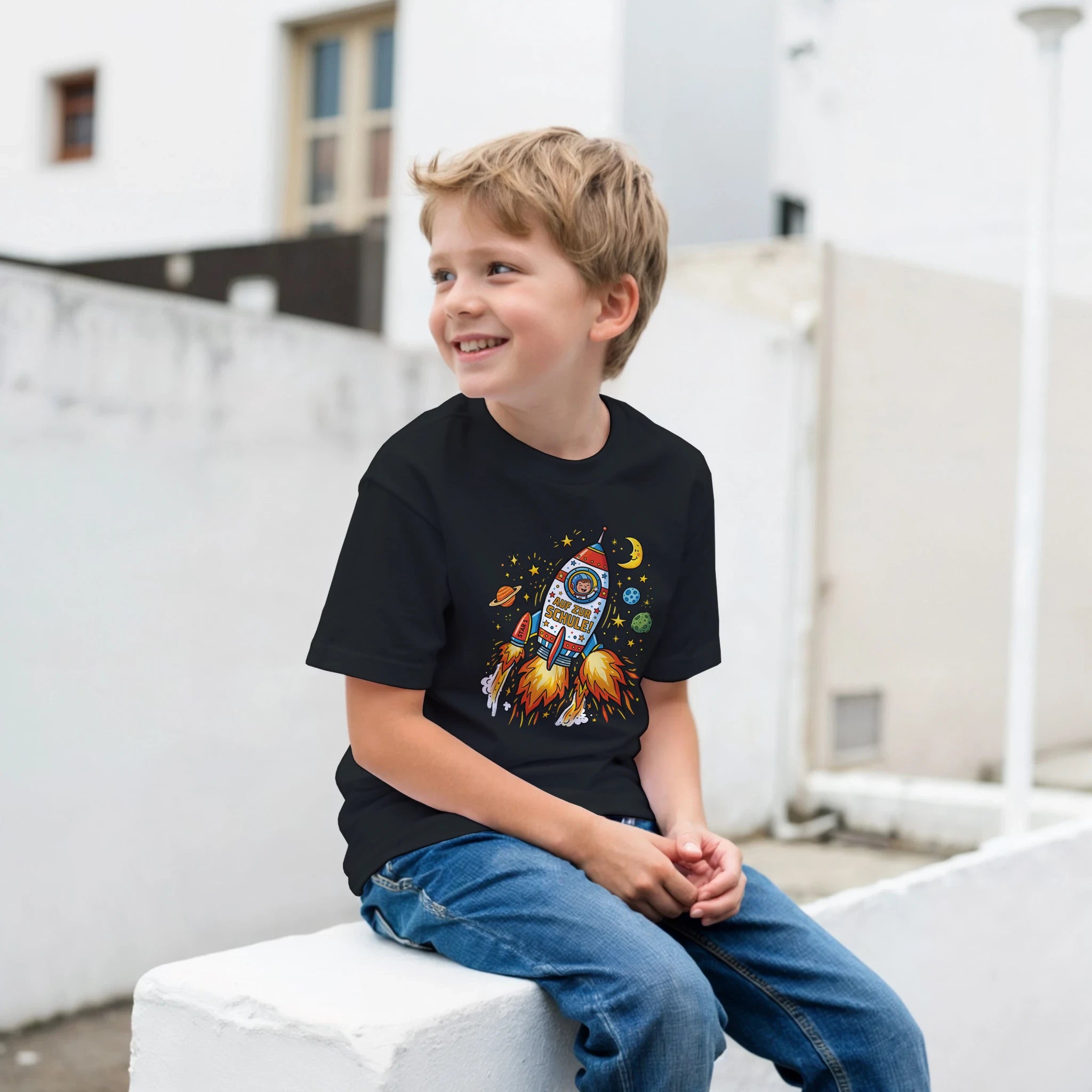 Auf zur Schule Einschulung Shirt Rakete – Junge trägt Kinder T-Shirt Outdoor Foto