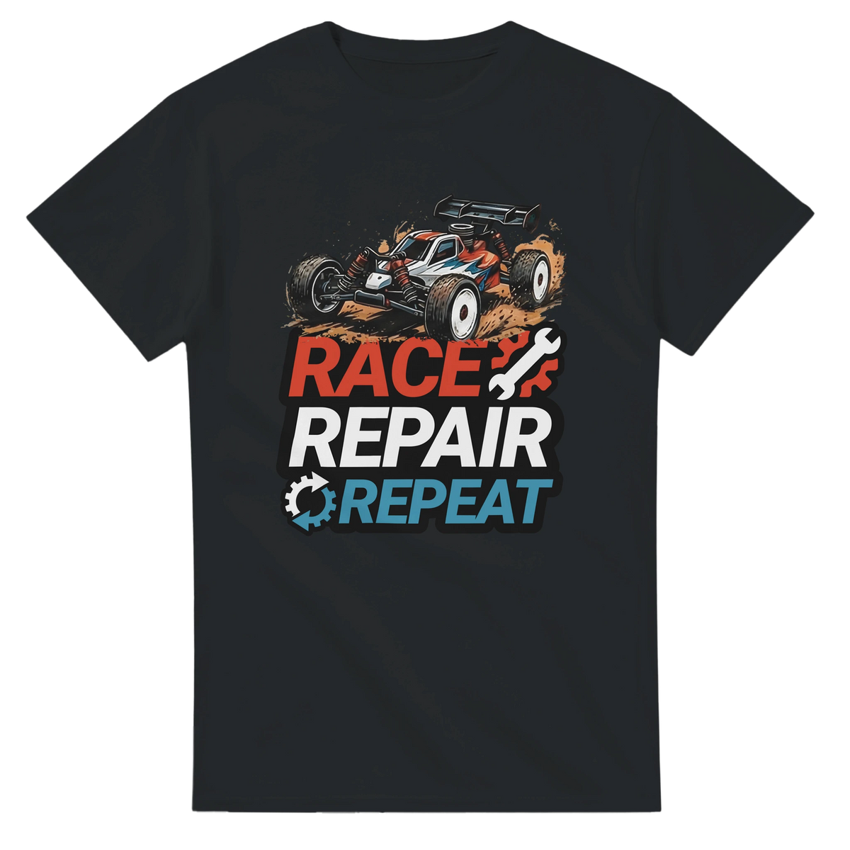 Race Repair Repeat T-Shirt – T-Shirt Produktfoto, Vorderseite auf schwarzem Hintergrund