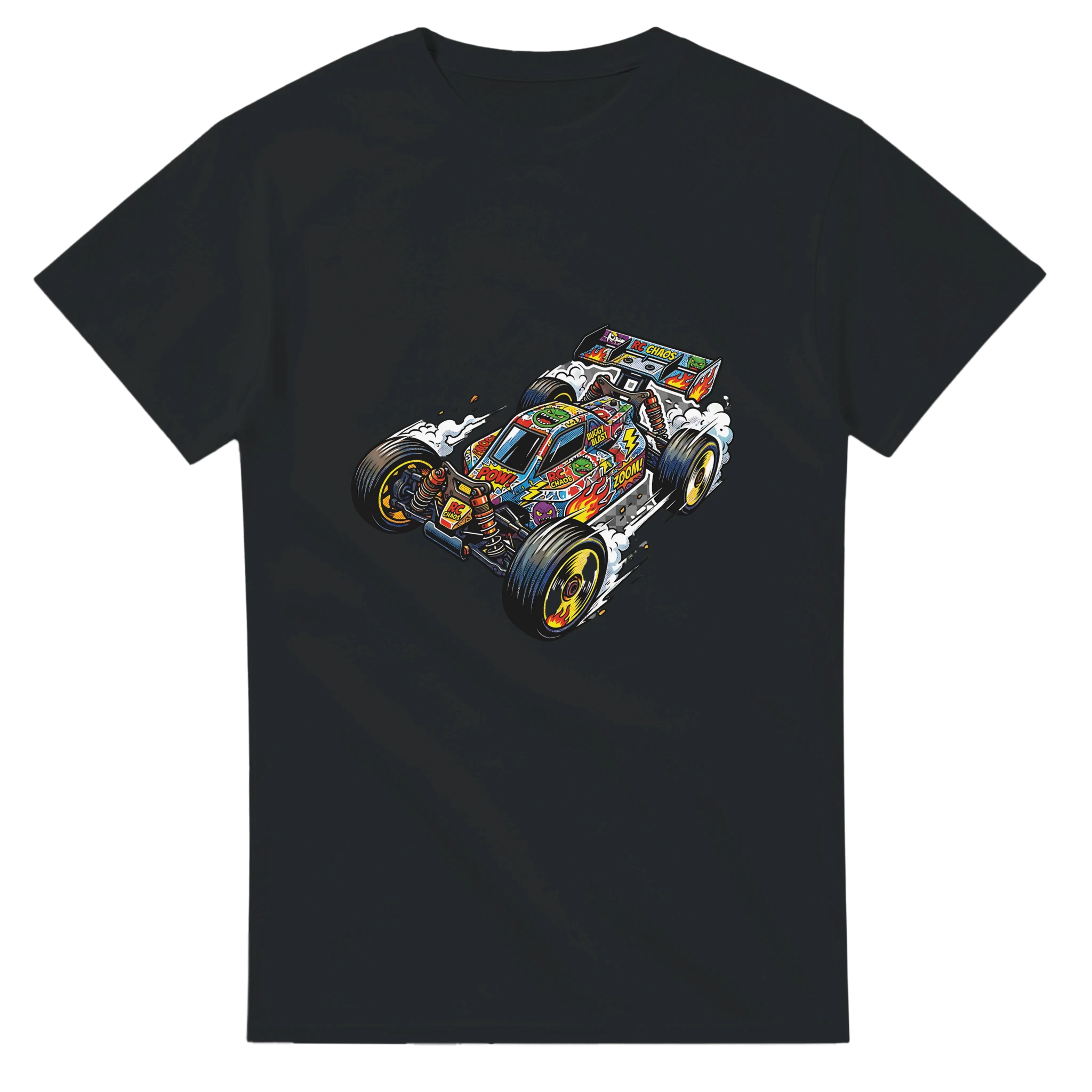RC Car Stickerbomb T-Shirt – T-Shirt Produktfoto, Vorderansicht auf schwarzem Hintergrund