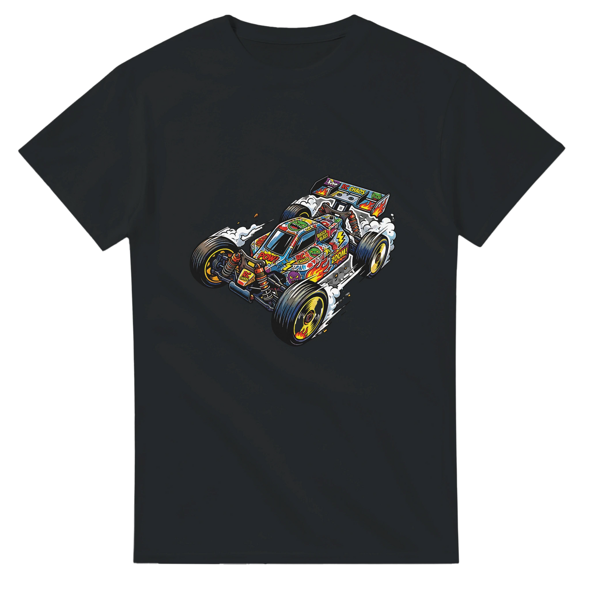 RC Car Stickerbomb T-Shirt – T-Shirt Produktfoto, Vorderansicht auf schwarzem Hintergrund